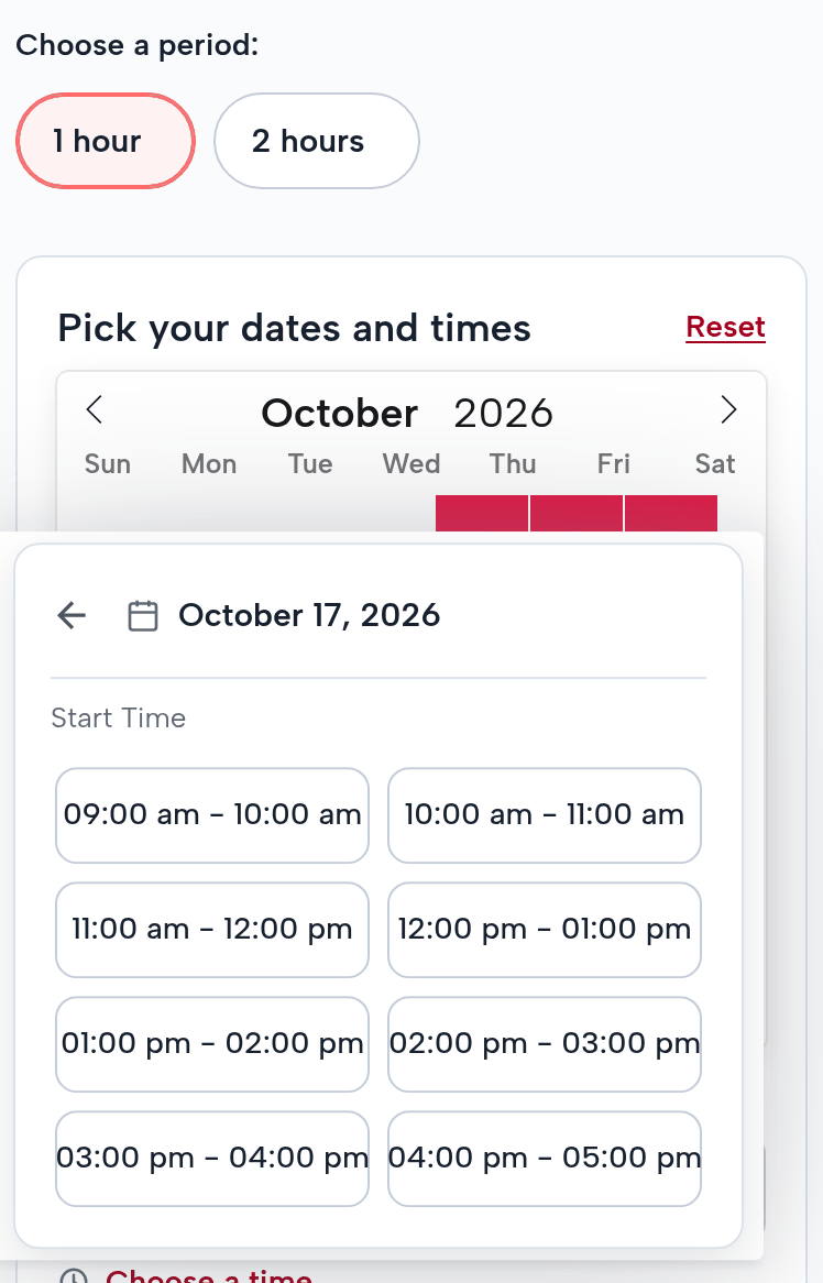The jet ski page on a phone: Choose a period: 1 hour (picked) or 2 hours; October 17, 2026; start times every hour from 09:00 am – 10:00 am to 04:00 pm – 05:00 pm