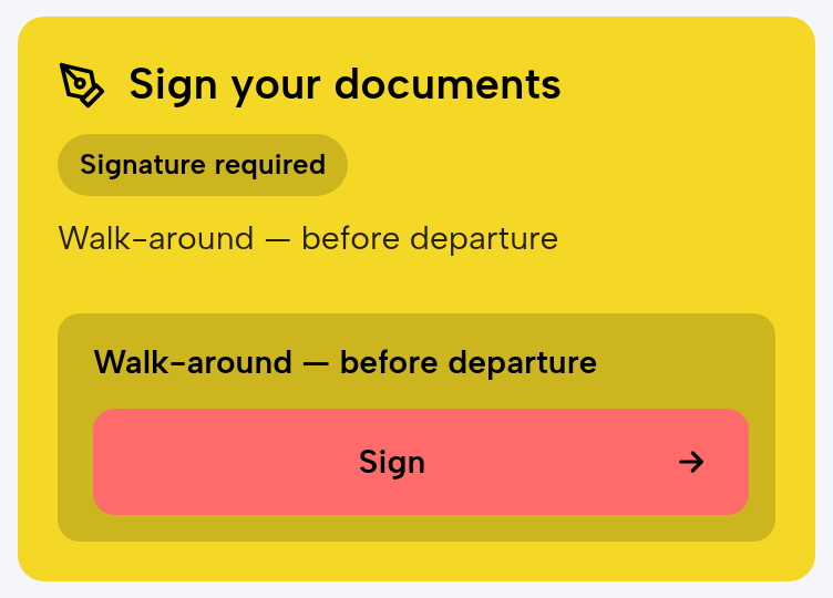 Greg’s booking on a phone: Sign your documents; Signature required; Walk-around — before departure; Sign