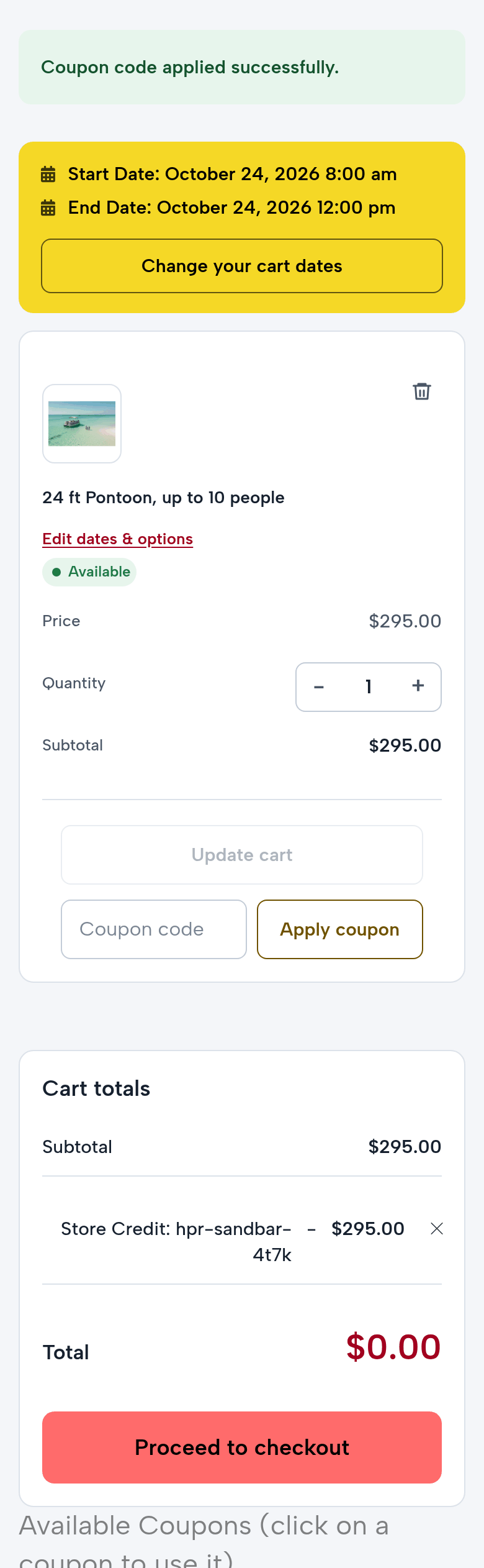 Anita’s cart on a phone: 24 ft Pontoon, up to 10 people, October 24, 2026, 8:00 am to 12:00 pm, $295.00; Coupon code applied successfully; Store Credit: hpr-sandbar-4t7k −$295.00; total $0.00; Proceed to checkout
