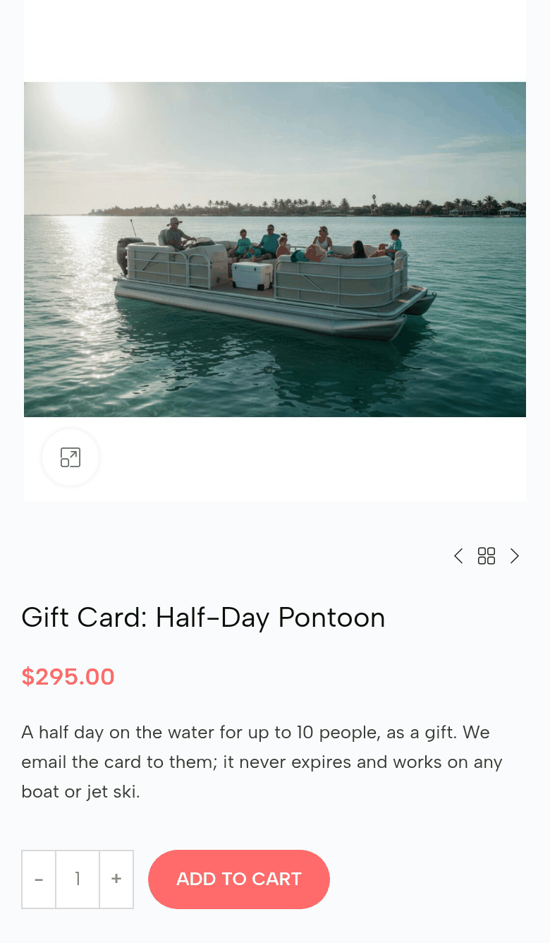 The Gift Card: Half-Day Pontoon page on a phone: $295.00; a half day on the water for up to 10 people, as a gift; it never expires and works on any boat or jet ski; Add to cart