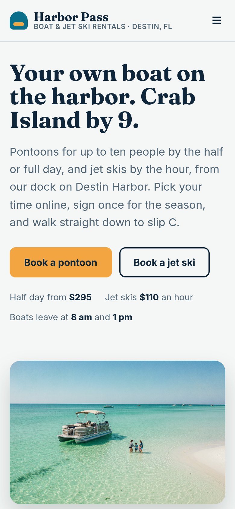 The Harbor Pass Boat & Jet Ski Rentals website on a phone: Your own boat on the harbor. Crab Island by 9.