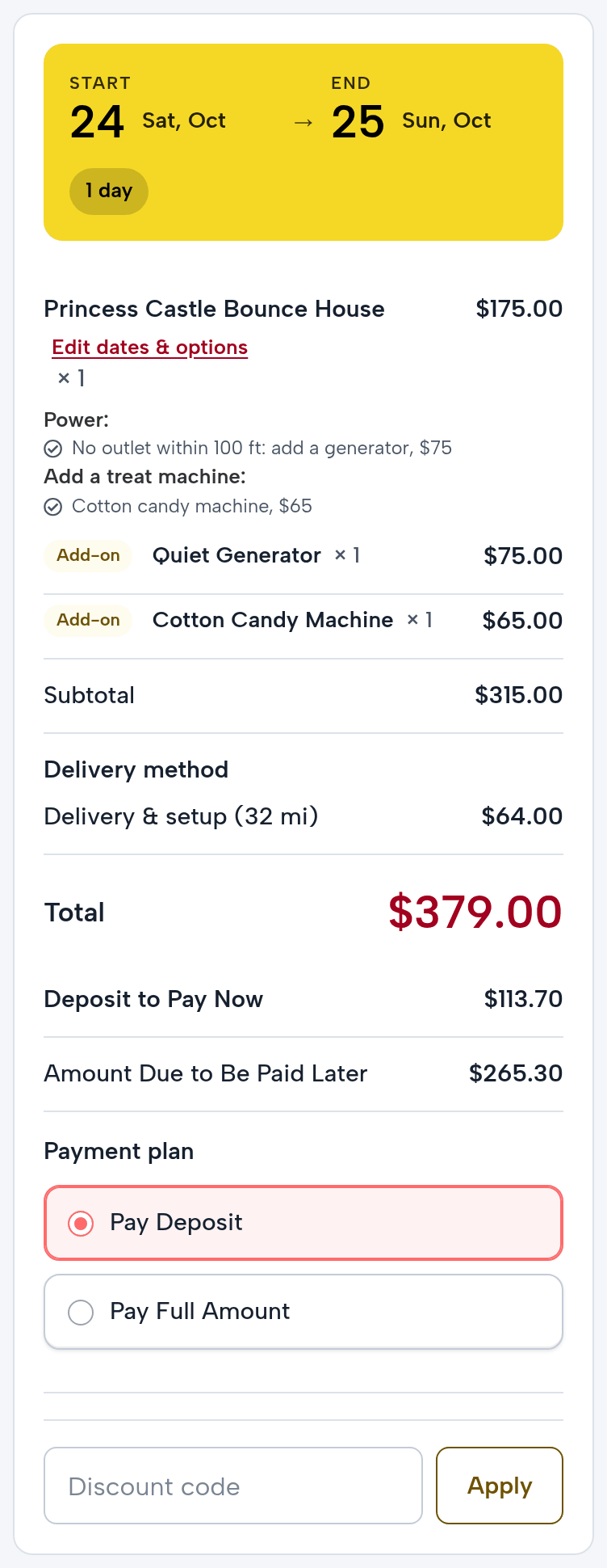The checkout order summary on a phone with the Fernandina Beach address: the castle, the generator and the cotton candy machine for Saturday October 24; subtotal $315.00; delivery method: Delivery & setup (32 mi) $64.00; total $379.00; deposit to pay now $113.70, amount due later $265.30
