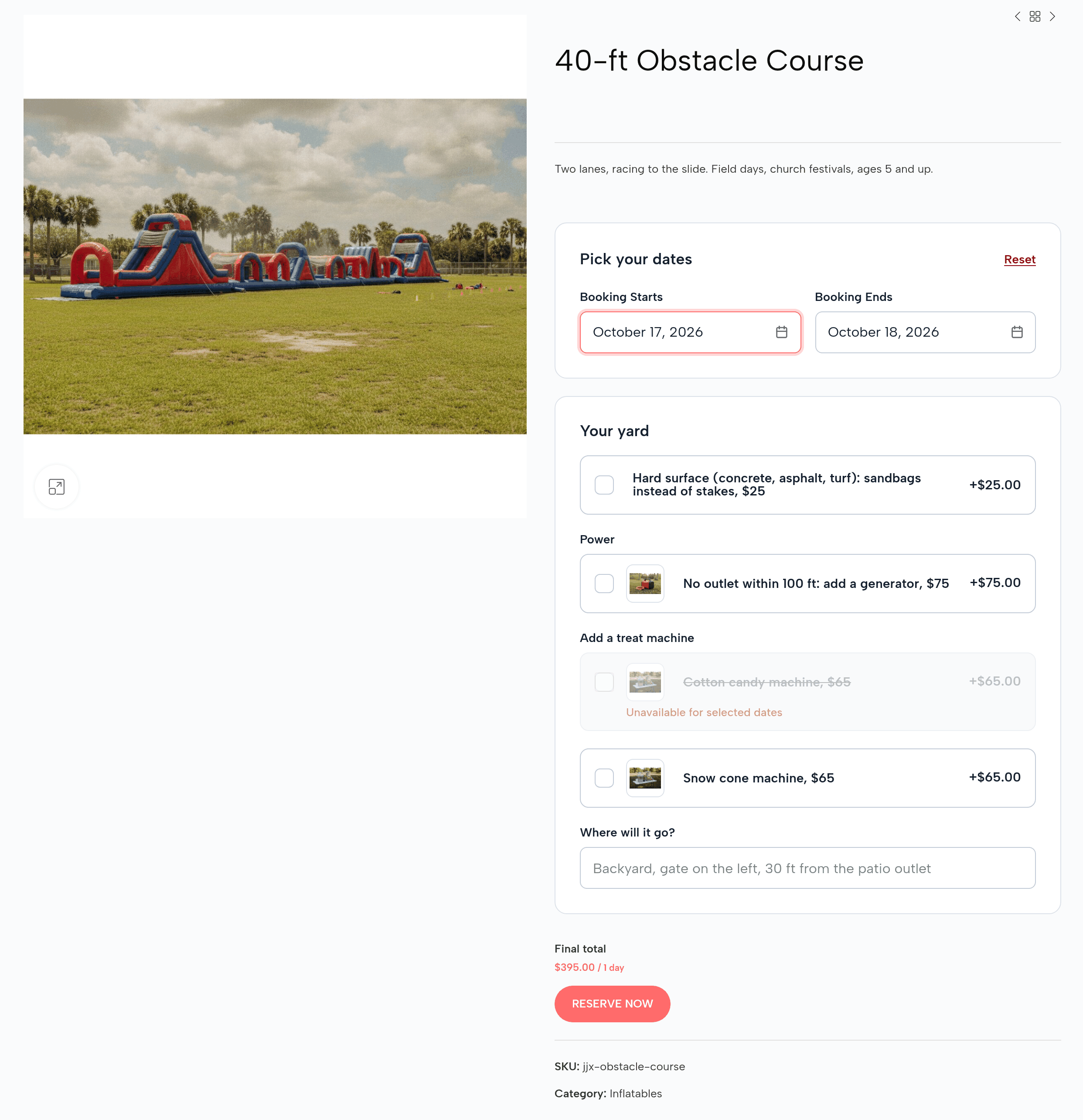 The 40-ft Obstacle Course page for October 17: Cotton candy machine, $65 crossed out, Unavailable for selected dates; the snow cone machine and the generator still offered; final total $395.00