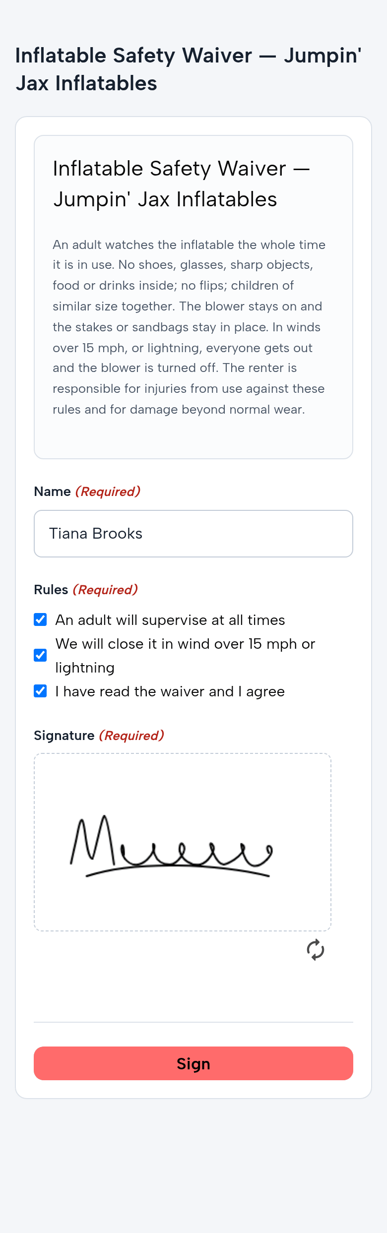 The Inflatable Safety Waiver on Tiana Brooks’s phone: the rules, the name, three boxes ticked (an adult will supervise at all times; we will close it in wind over 15 mph or lightning; I have read the waiver and I agree) and the signature