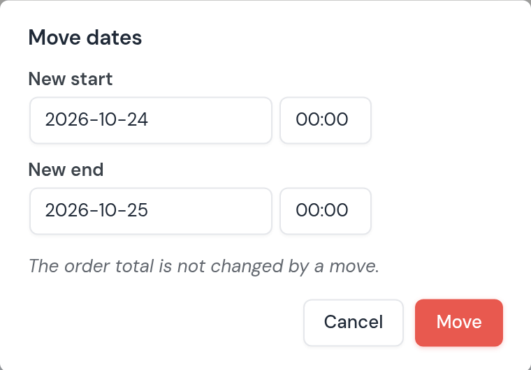 The Move dates dialog in the booking schedule: new start 2026-10-24, new end 2026-10-25; The order total is not changed by a move.; Cancel and Move