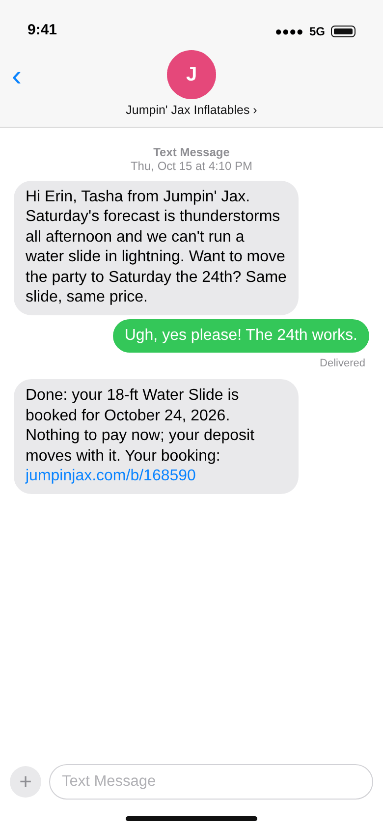 Text messages: Tasha offers to move Erin’s party to the 24th because of thunderstorms; Erin says yes; the water slide is booked for October 24, the deposit moves with it