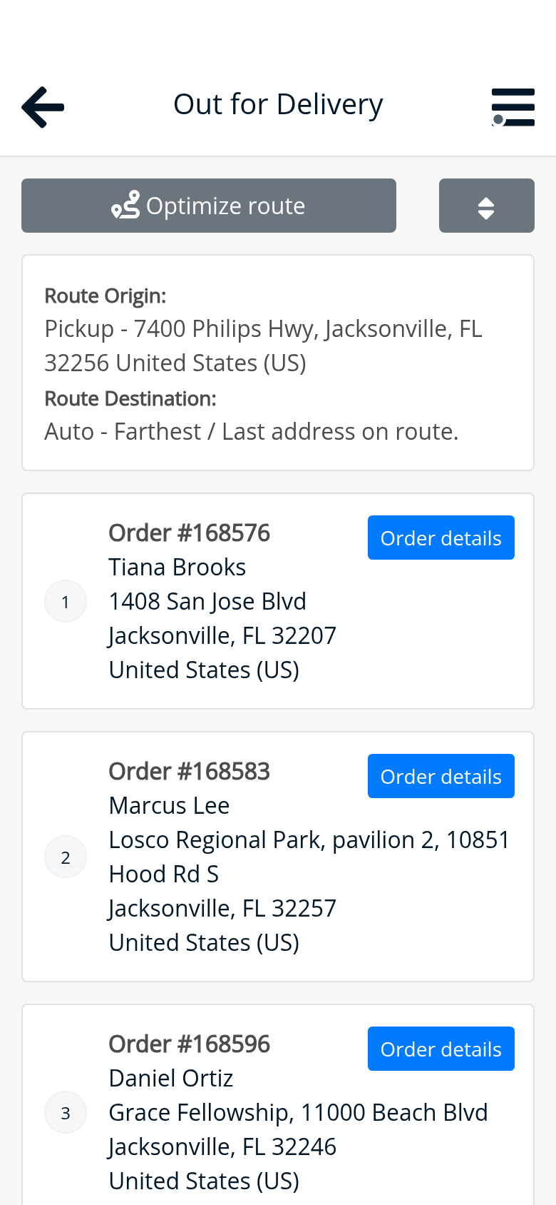The driver app, Out for Delivery: the route from 7400 Philips Hwy with Saturday’s three stops, Tiana Brooks on San Jose Blvd, Marcus Lee at Losco Regional Park and Daniel Ortiz at Grace Fellowship