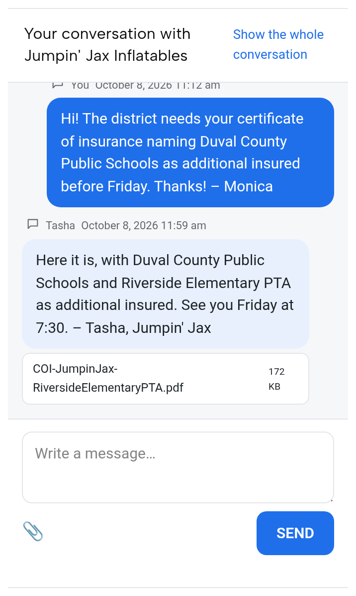 The PTA’s order page, the conversation with Jumpin’ Jax Inflatables: Monica asks for the certificate of insurance naming Duval County Public Schools as additional insured; Tasha replies with COI-JumpinJax-RiversideElementaryPTA.pdf attached, 172 KB
