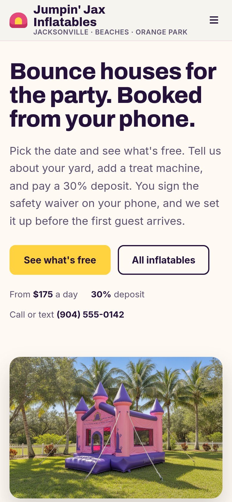 The Jumpin’ Jax Inflatables website on a phone: Bounce houses for the party. Booked from your phone.