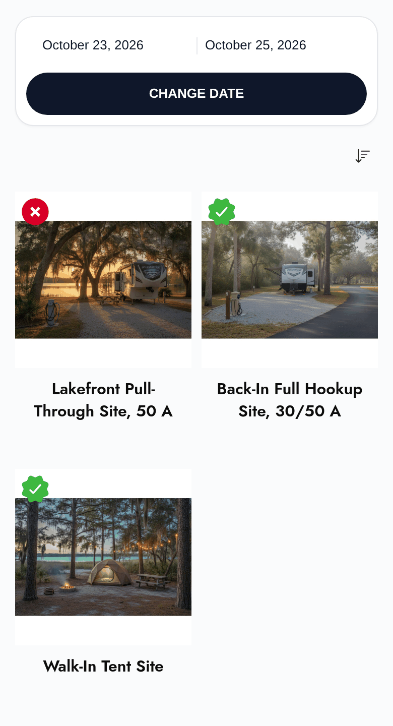 The campsites page on a phone: October 23 to October 25, 2026, Change date; the Lakefront Pull-Through Site, 50 A marked with a red cross; the Back-In Full Hookup Site, 30/50 A and the Walk-In Tent Site marked with a green check