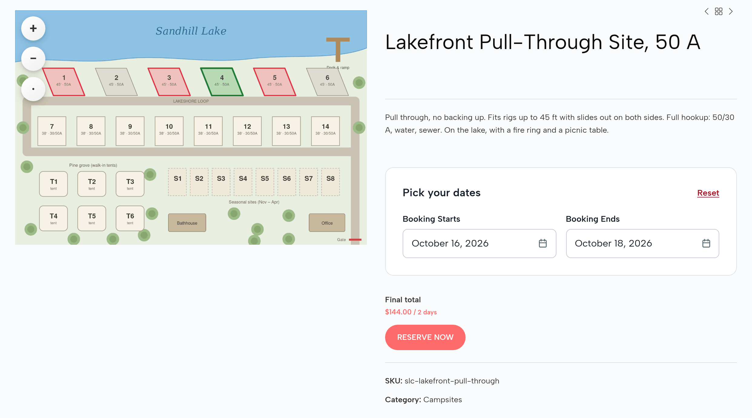The Lakefront Pull-Through Site, 50 A page: the park map with sites 1, 3 and 5 outlined in red, site 4 green (picked), sites 2 and 6 grey; the back-in sites 7 to 14, tent sites T1 to T6 and seasonal sites S1 to S8 drawn on the map; October 16 to October 18, 2026; final total $144.00 for 2 days; Reserve Now