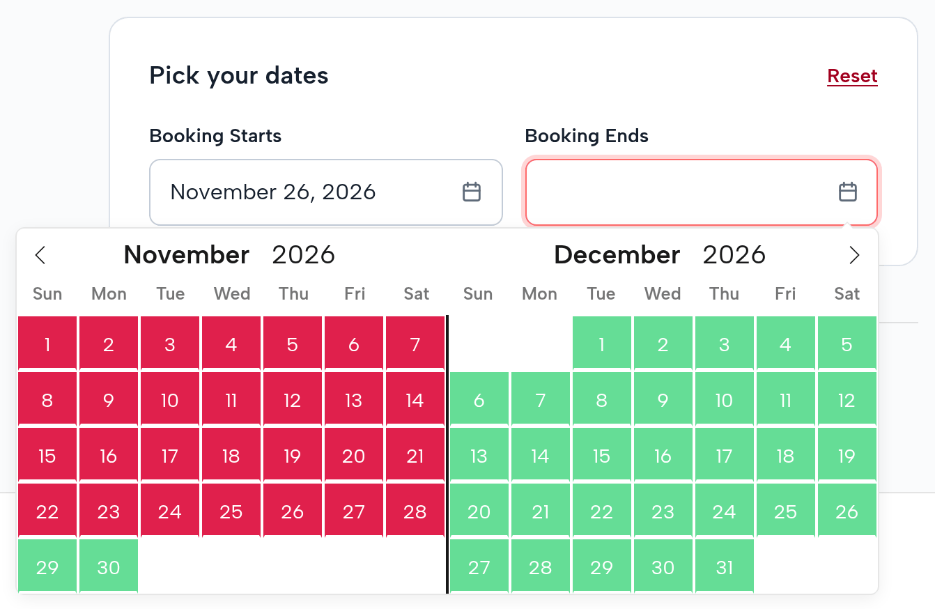 The lakefront booking form: Booking Starts November 26, 2026; the end calendar for November and December 2026 with every November day up to the 28th closed in red and the 29th and 30th open in green