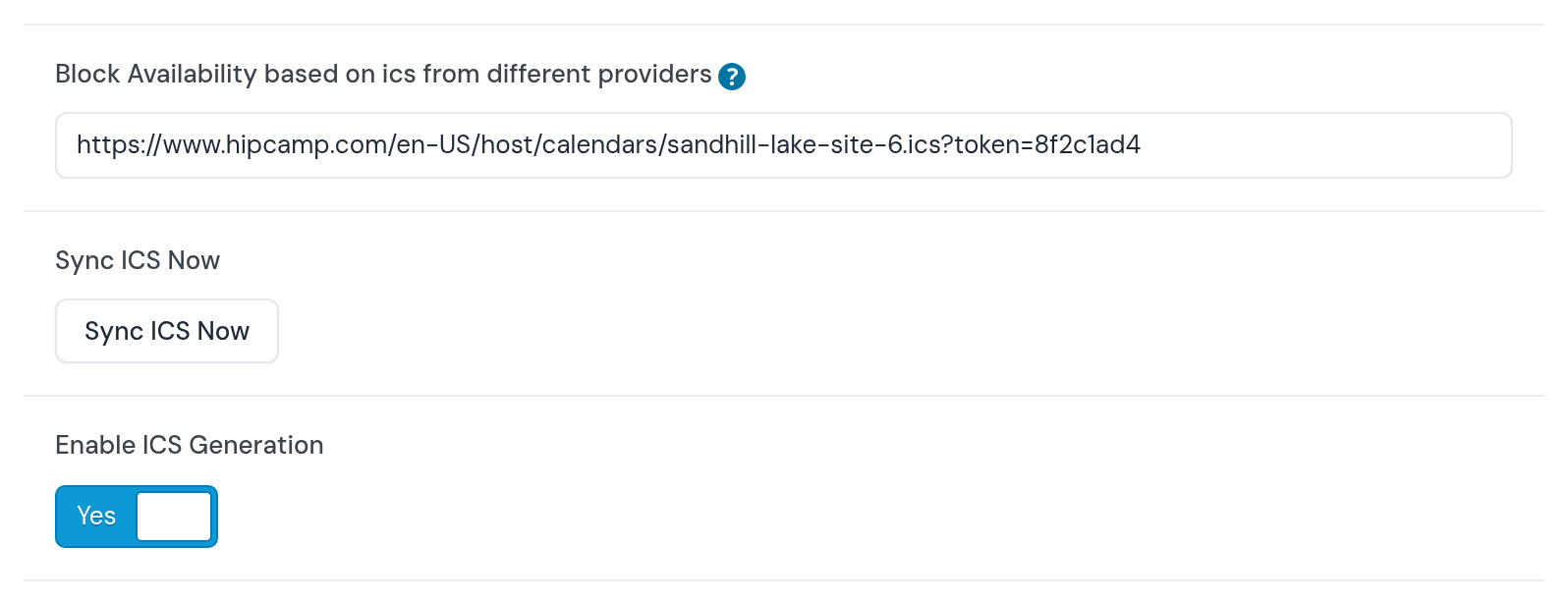 Site 6’s calendar fields: Block Availability based on ics from different providers, a Hipcamp calendar link; Sync ICS Now; Enable ICS Generation: Yes