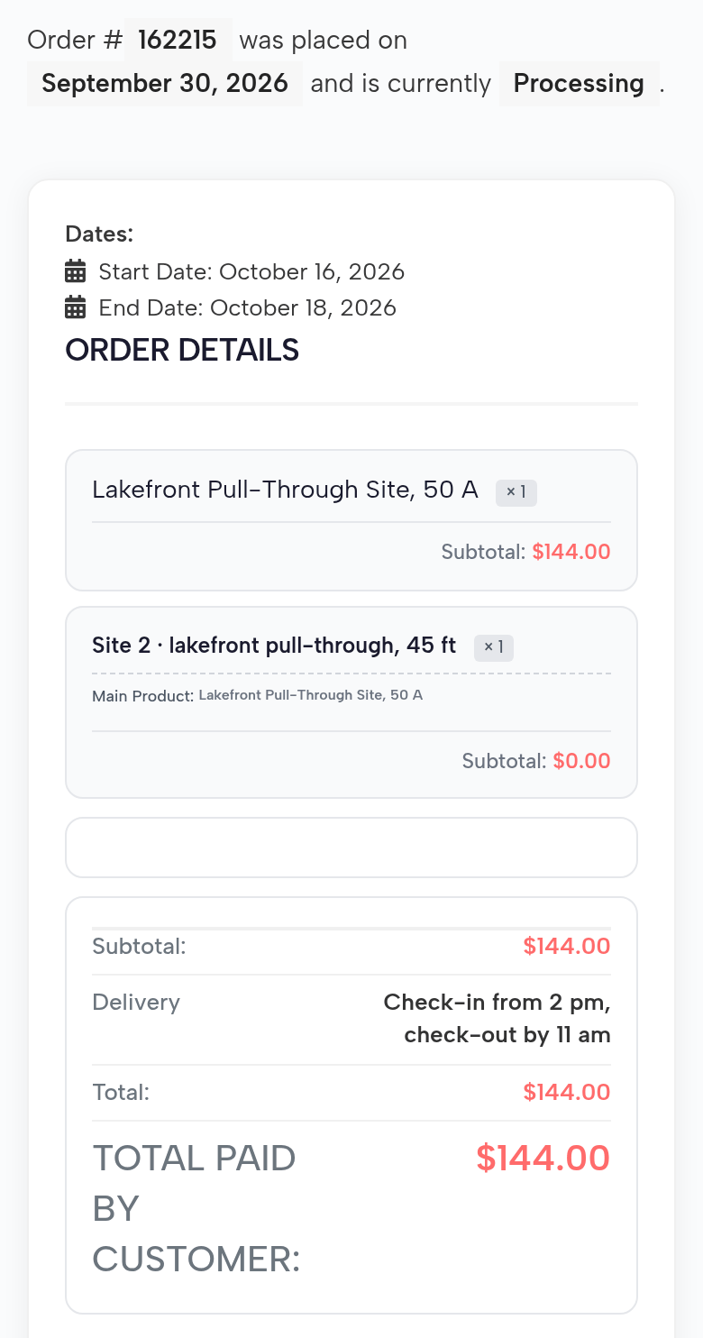Rachel Owens’ booking page on a phone: order placed on September 30, 2026, processing; dates October 16 to October 18, 2026; Lakefront Pull-Through Site, 50 A, $144.00; Site 2 · lakefront pull-through, 45 ft; Check-in from 2 pm, check-out by 11 am; total paid $144.00