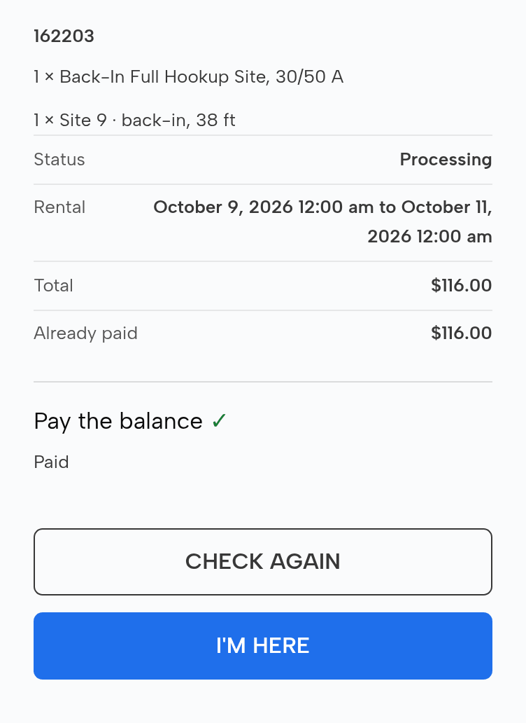 The arrival page on Tom Becker’s phone: Back-In Full Hookup Site, 30/50 A and Site 9 · back-in, 38 ft; status Processing; October 9 to October 11; total $116.00, already paid $116.00; pay the balance: paid; Check again and I’m here