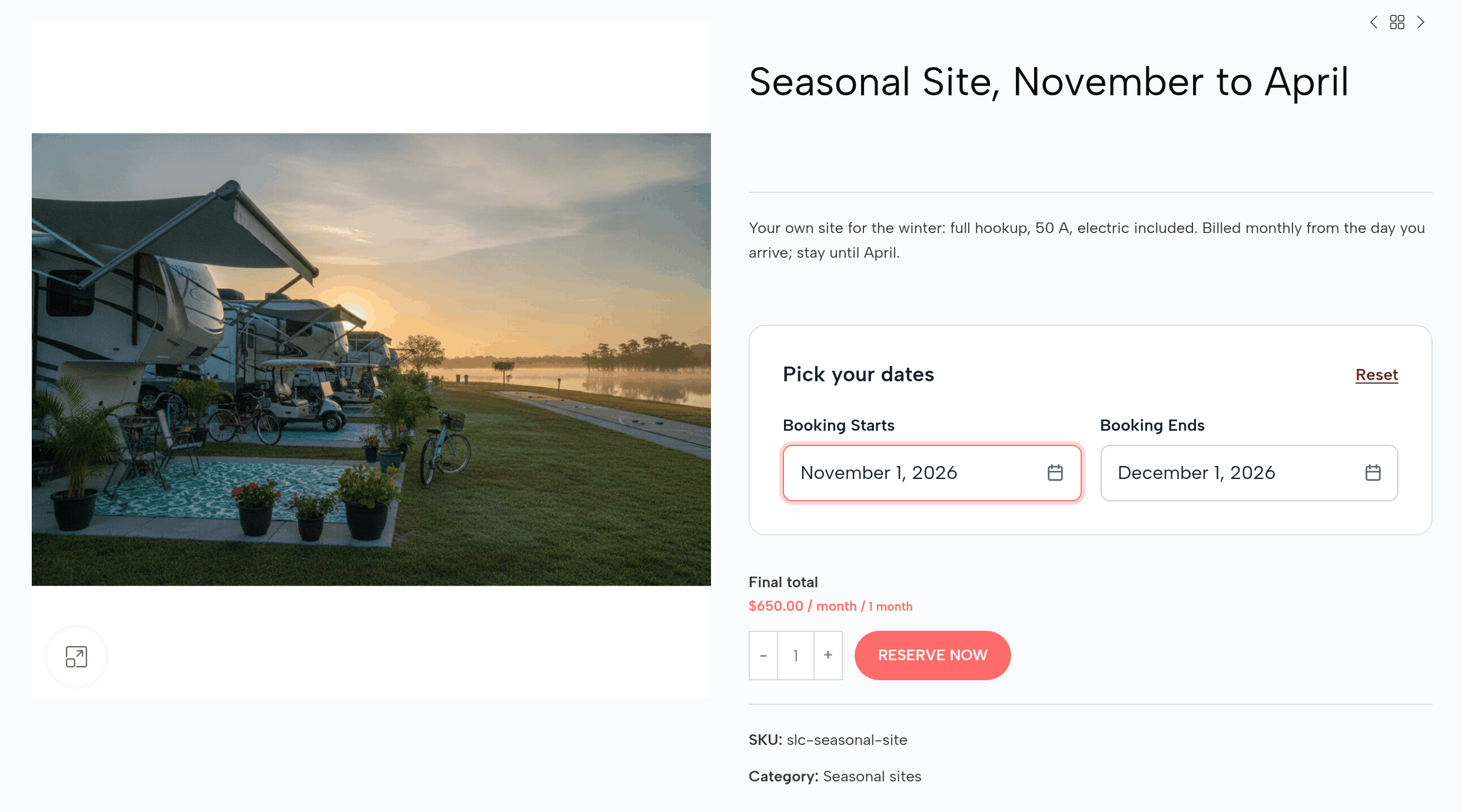 The Seasonal Site, November to April page: November 1 to December 1, 2026; final total $650.00 for 1 month; Reserve Now