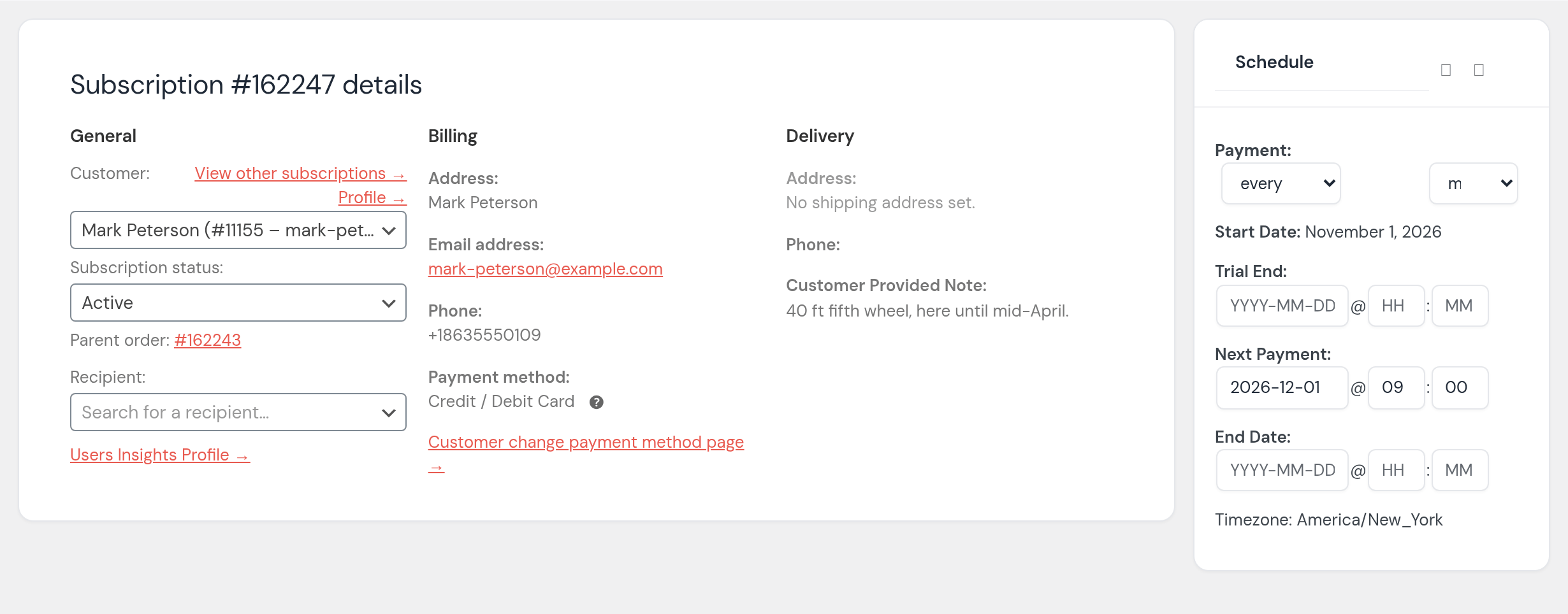 Mark Peterson’s subscription: Active; parent order; payment every month, start date November 1, 2026, next payment 2026-12-01 at 9:00, no end date; the note: 40 ft fifth wheel, here until mid-April