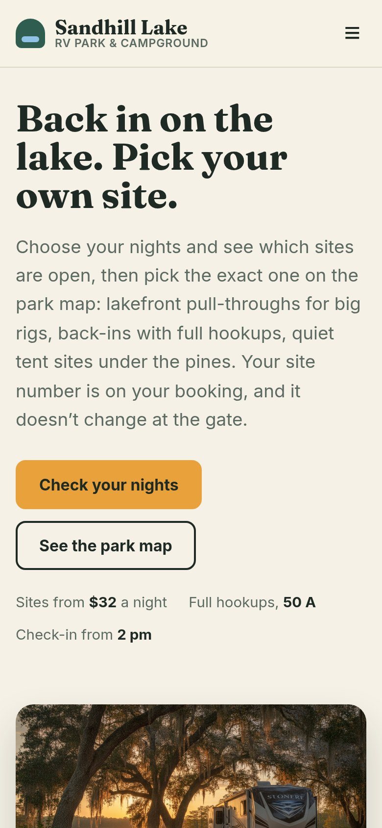 The Sandhill Lake RV Park & Campground website on a phone: Back in on the lake. Pick your own site.