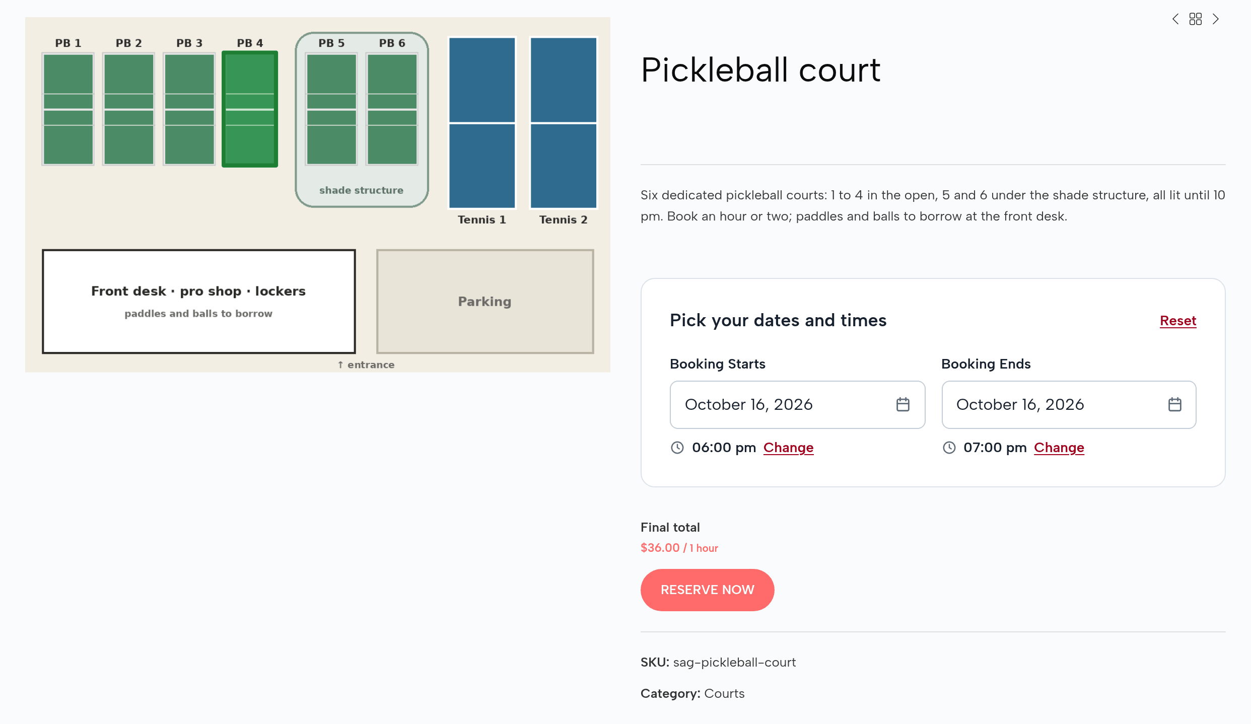 The Pickleball court page: the club plan with pickleball courts 1 to 6 and tennis courts 1 and 2, court 4 picked in green; Friday, October 16, 6:00 to 7:00 pm; final total $36.00 for 1 hour; Reserve now