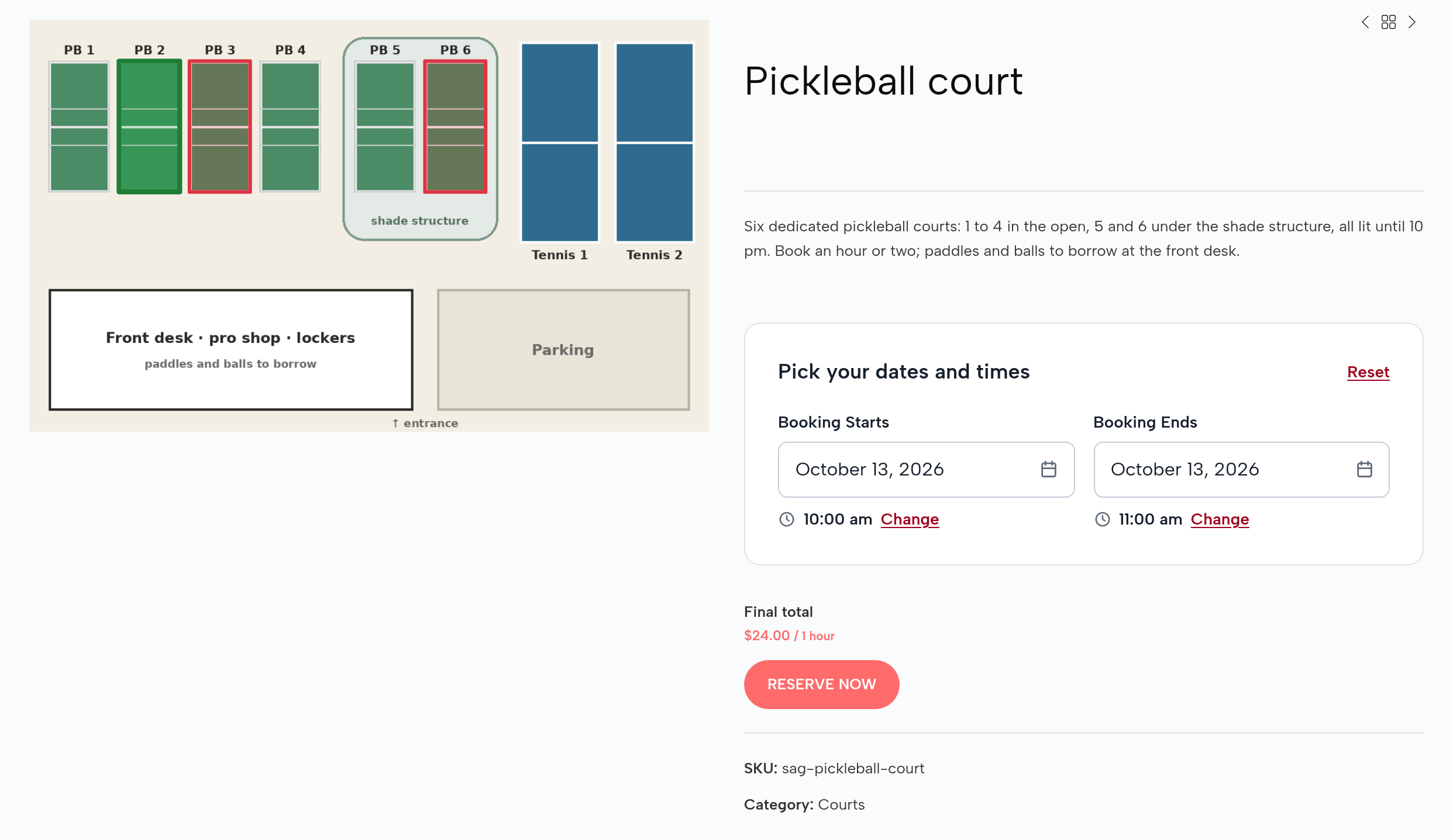 The same court page on Tuesday, October 13, 10:00 to 11:00 am: courts 3 and 6 outlined as free, court 2 picked; final total $24.00 for 1 hour