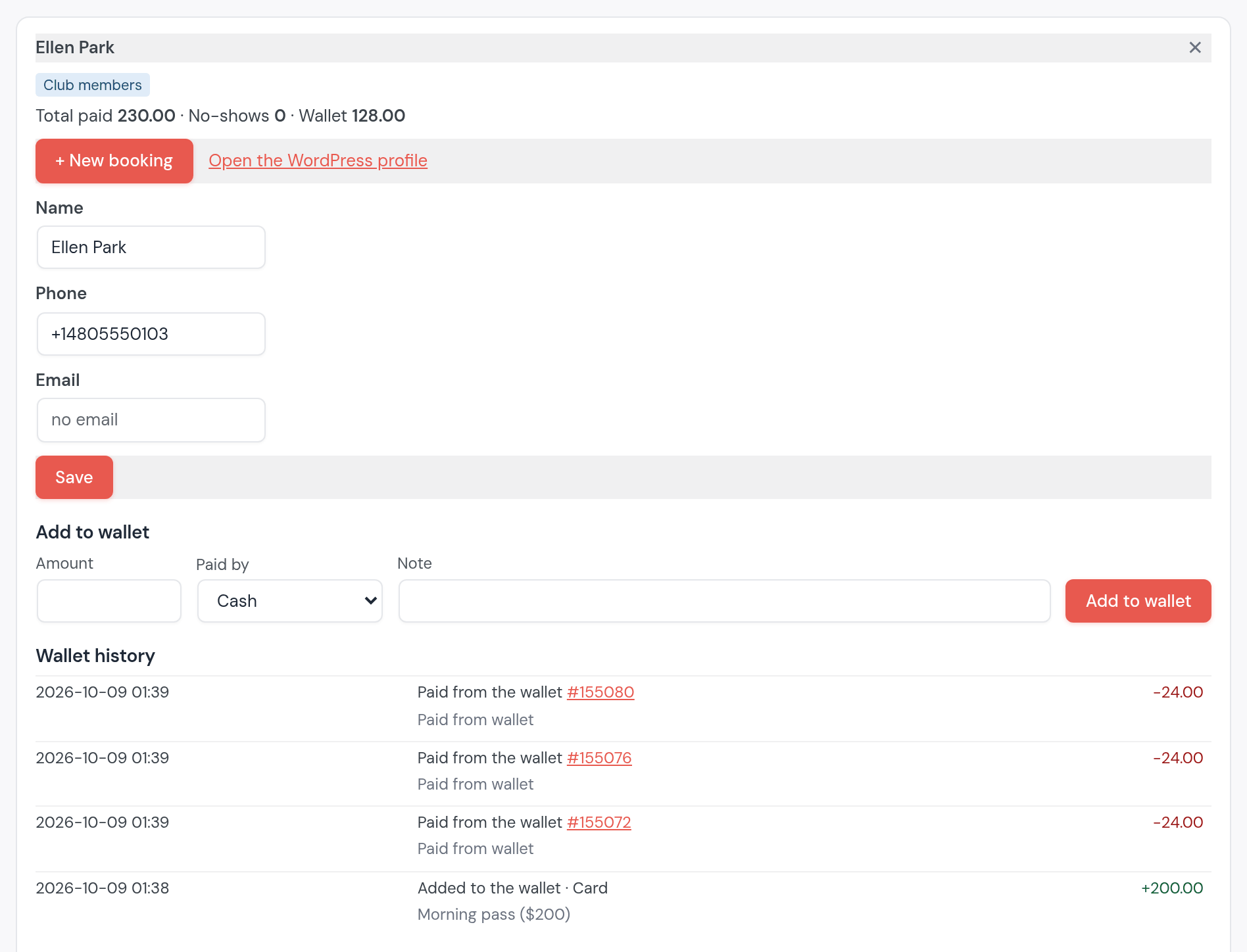 Ellen Park in the club’s customer list, in the Club members group: total paid 230.00, no-shows 0, wallet 128.00; an Add to wallet form; wallet history: added 200.00 by card for the morning pass, then three bookings of 24.00 paid from the wallet