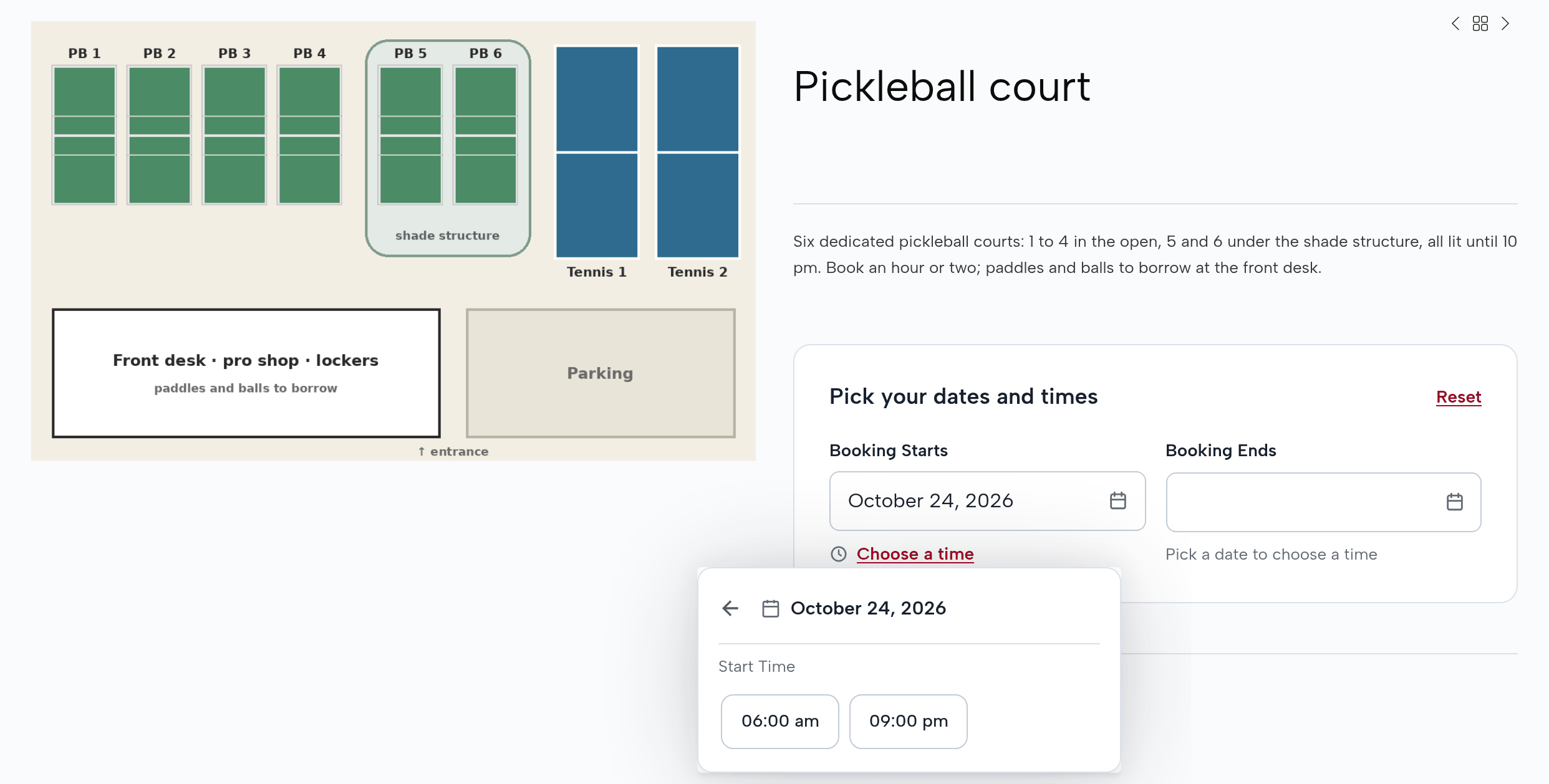 The Pickleball court page on Saturday, October 24: the start times offered are only 6:00 am and 9:00 pm