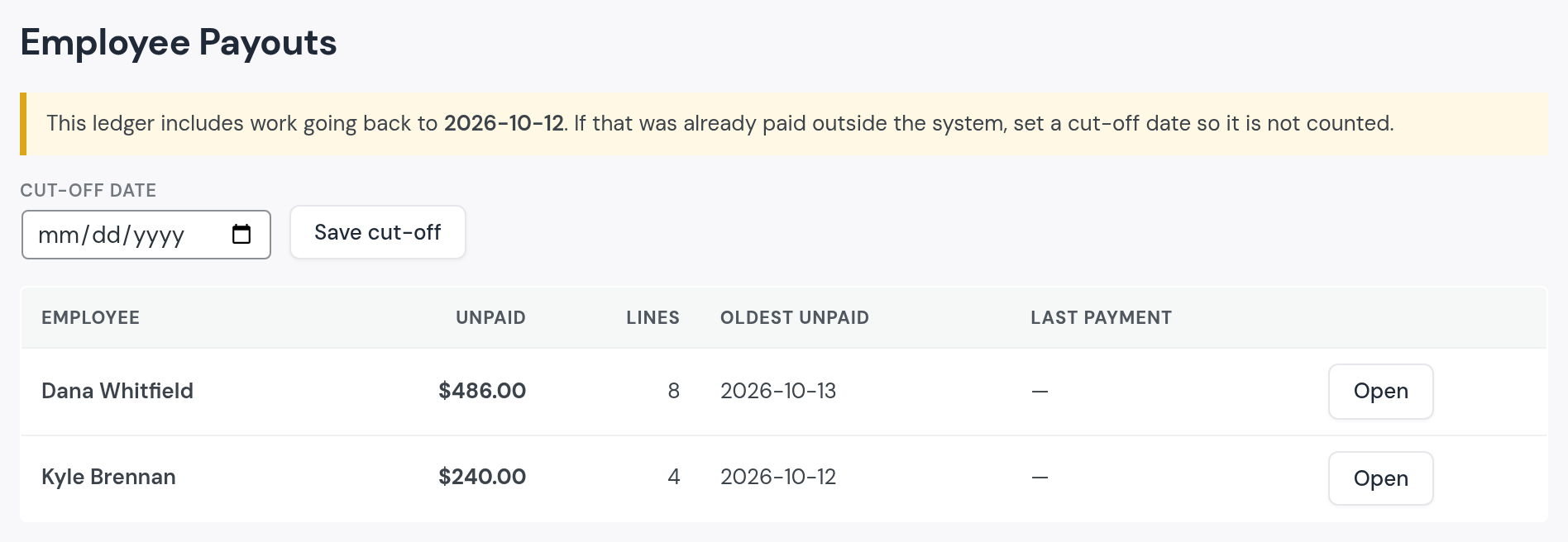 Employee Payouts: Dana Whitfield $486.00 unpaid for 8 lessons, oldest October 13; Kyle Brennan $240.00 for 4 lessons, oldest October 12; an Open button for each