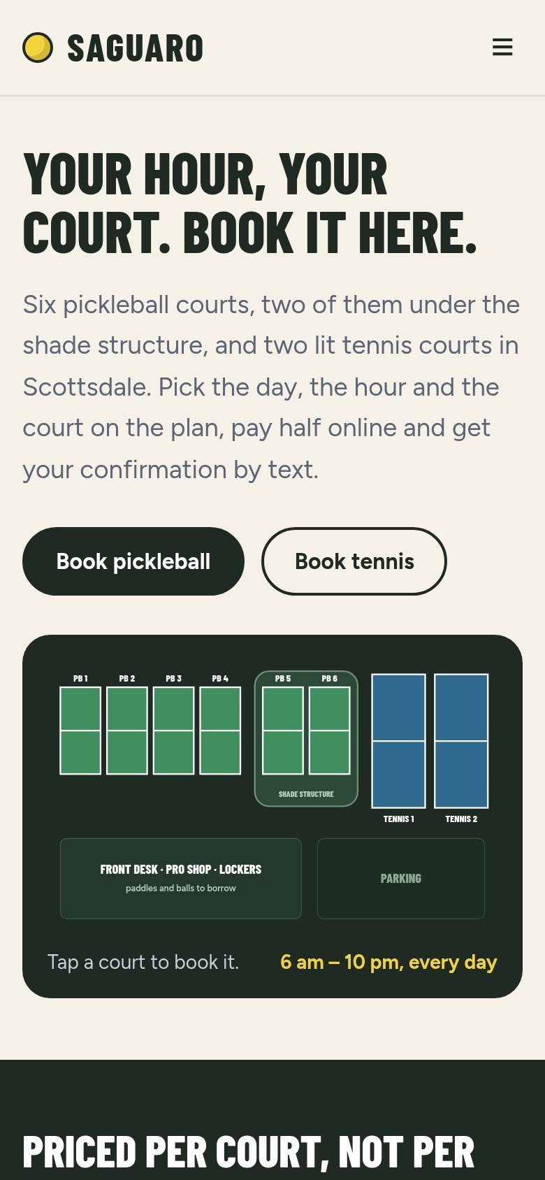 The Saguaro Pickleball & Tennis Club website on a phone: Your hour, your court, book it here; the club plan; prices per court