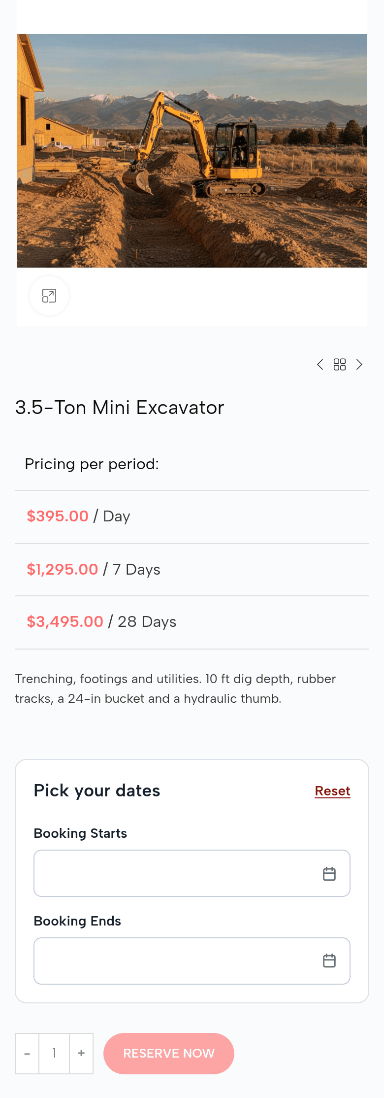The 3.5-Ton Mini Excavator page on a phone: Pricing per period: $395.00 / Day, $1,295.00 / 7 Days, $3,495.00 / 28 Days; the description; the date picker