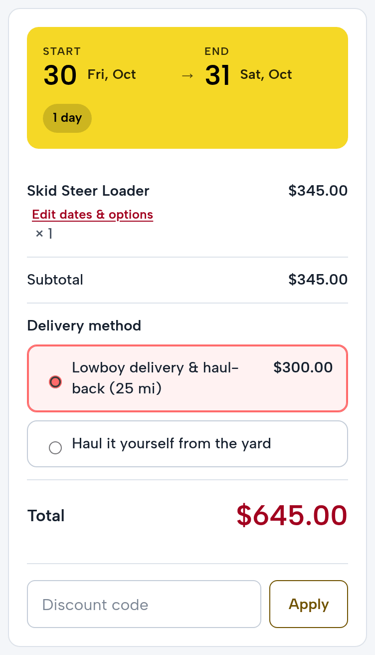 Amy Duncan’s checkout on a phone: a skid steer loader for October 30, $345.00; delivery to Golden, Lowboy delivery & haul-back (25 mi) $300.00 (picked) or haul it yourself from the yard; total $645.00