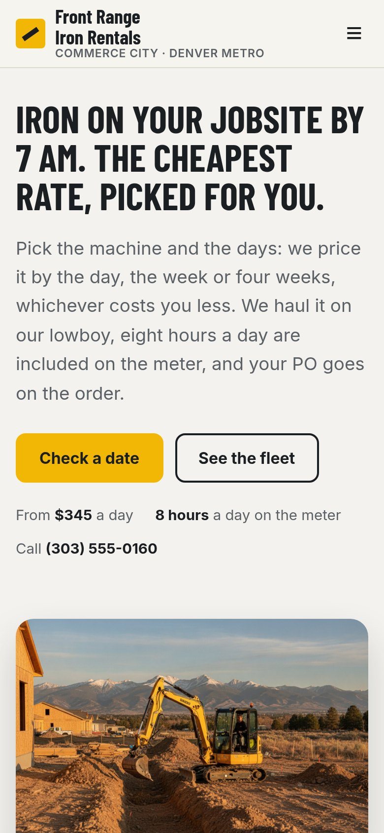 The Front Range Iron Rentals website on a phone: Iron on your jobsite by 7 am.