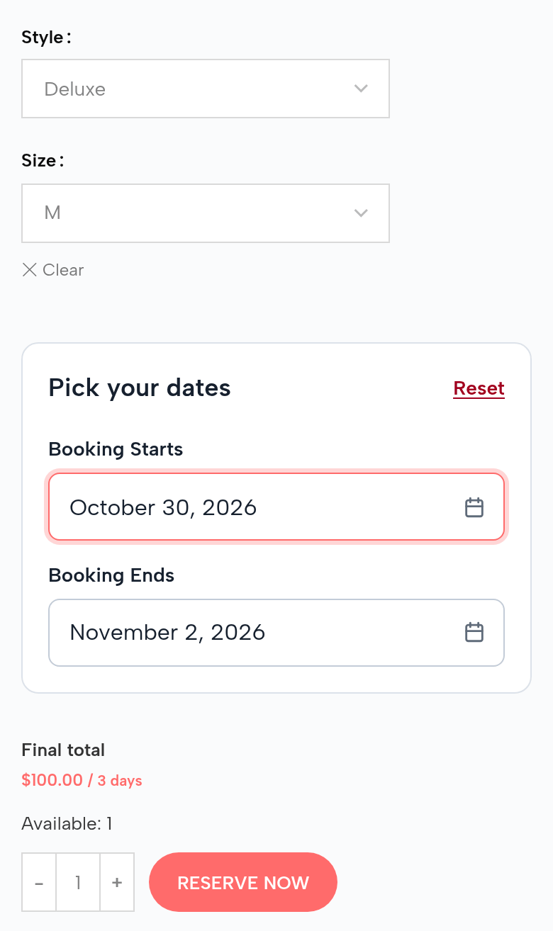 The same costume in Deluxe, M on a phone: October 30 to November 2, 2026; final total $100.00 for 3 days; Available: 1; Reserve Now