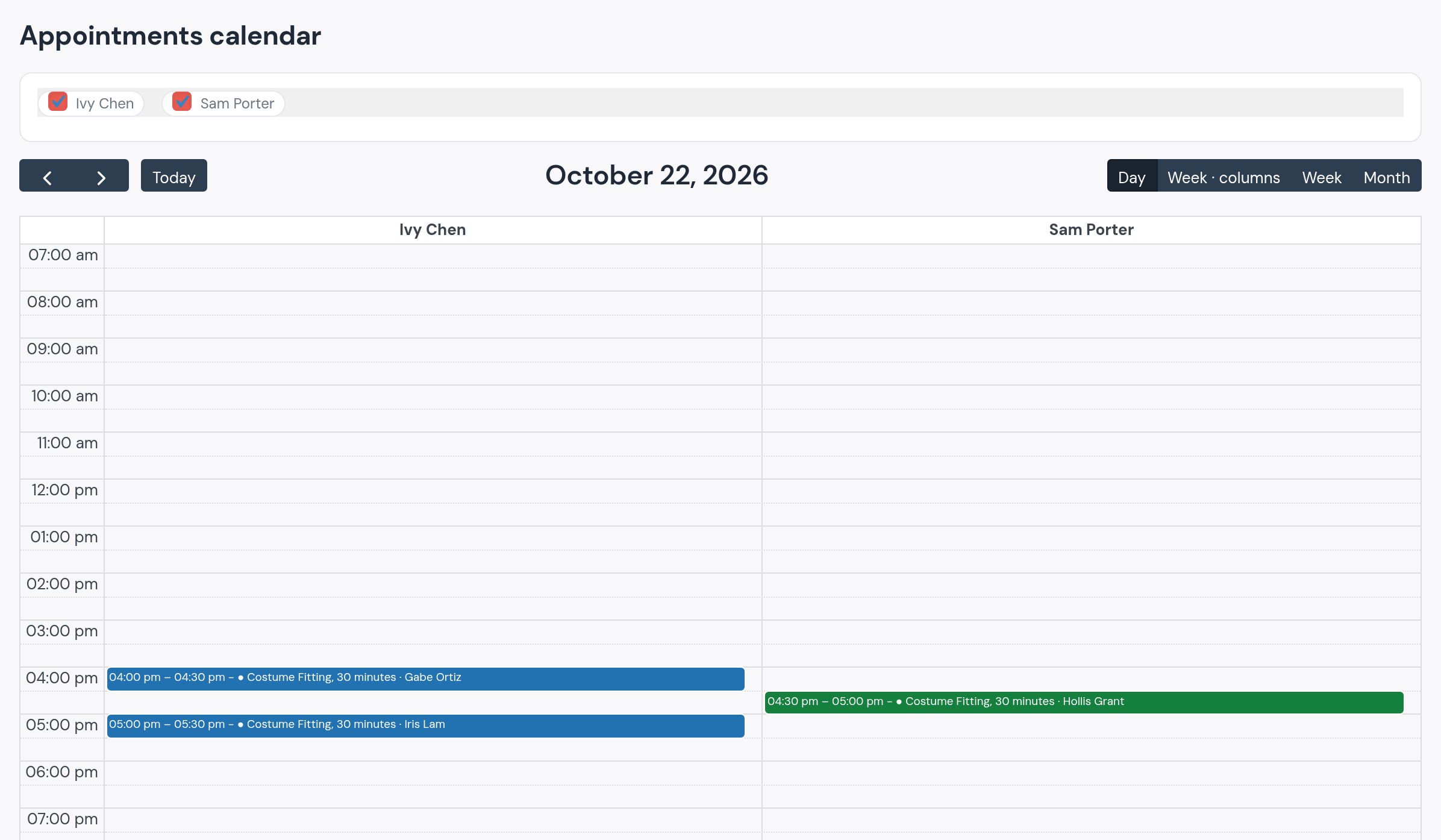 The appointments calendar for Thursday, October 22, 2026: Ivy Chen with Gabe Ortiz at 4:00 and Iris Lam at 5:00, Sam Porter with Hollis Grant at 4:30, each a Costume Fitting, 30 minutes