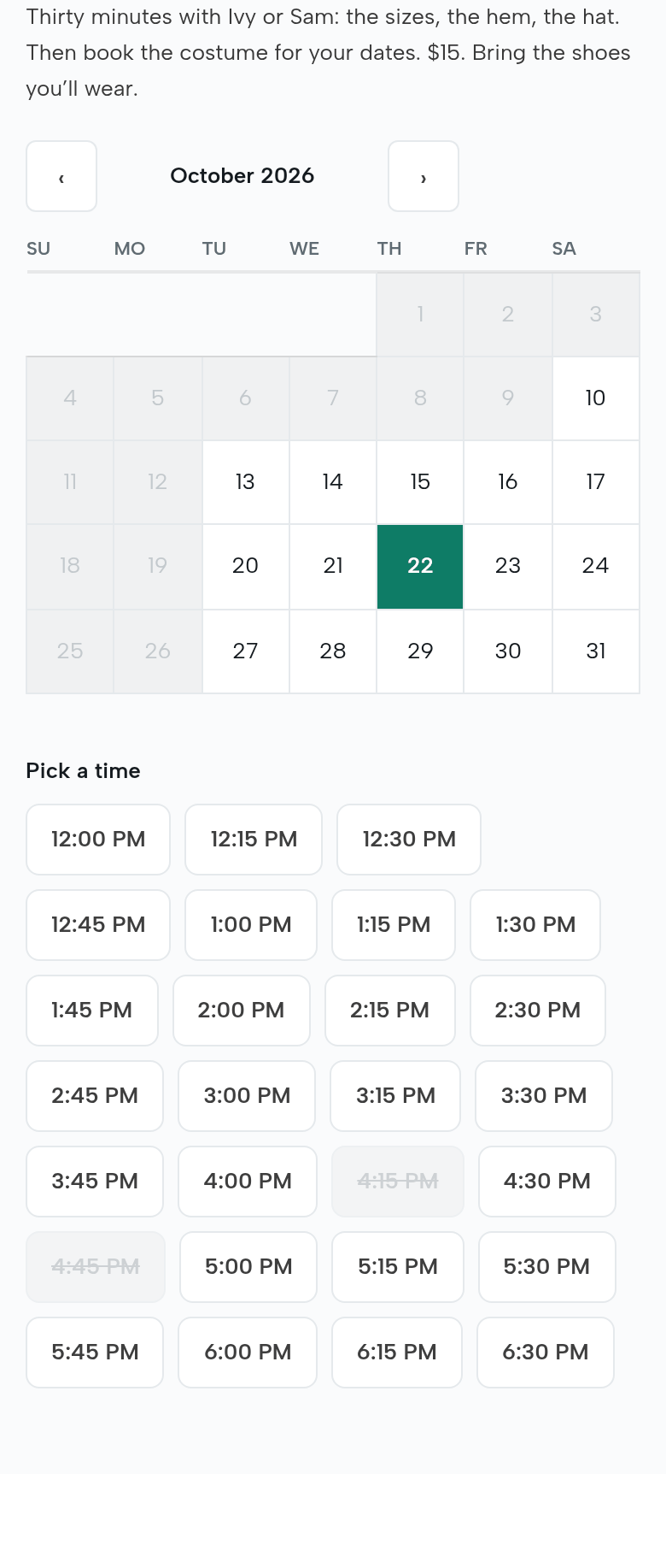 The shop’s Book a fitting page on a phone: October 2026 with Thursday the 22nd picked; Pick a time: 12:00 PM to 6:30 PM every quarter hour, 4:15 and 4:45 struck through