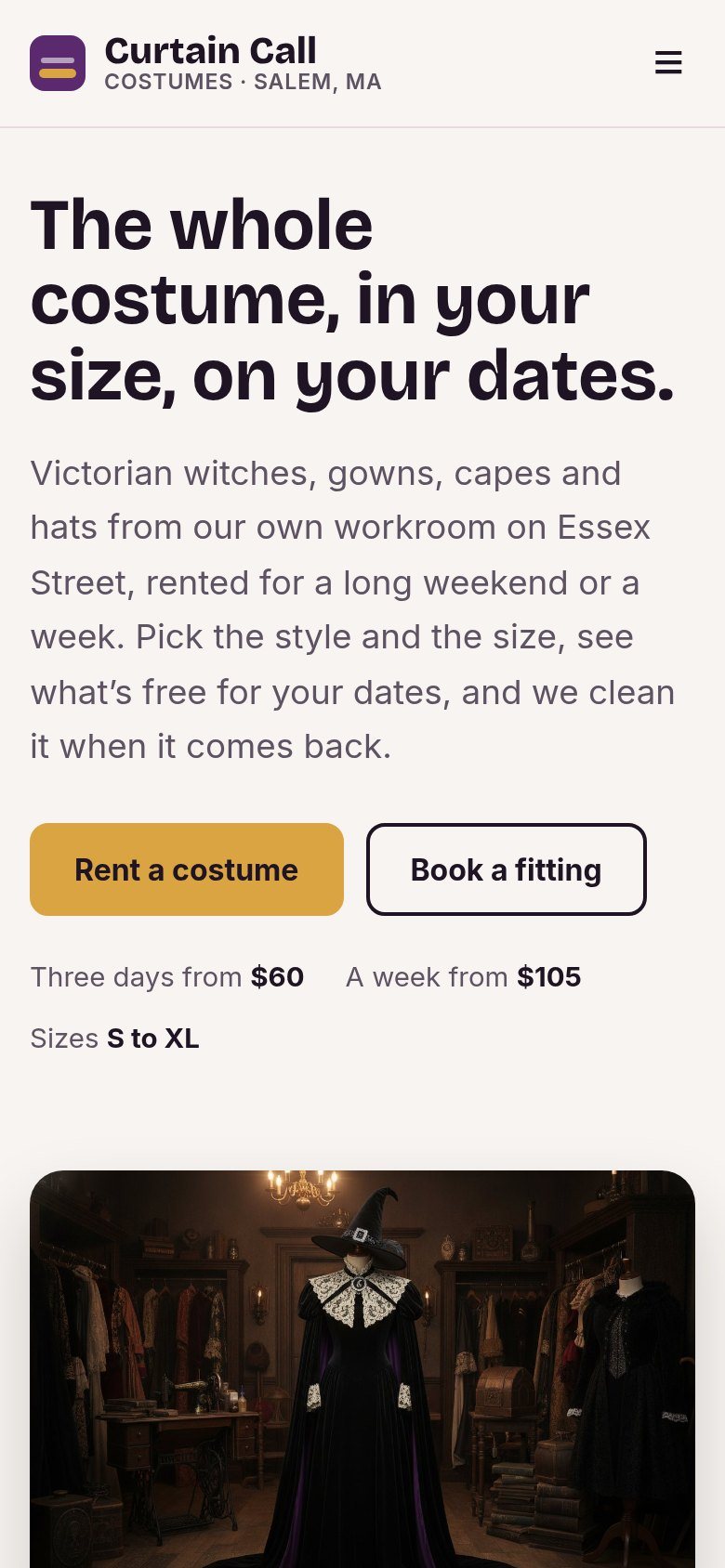 The Curtain Call Costumes website on a phone: The whole costume, in your size, on your dates.