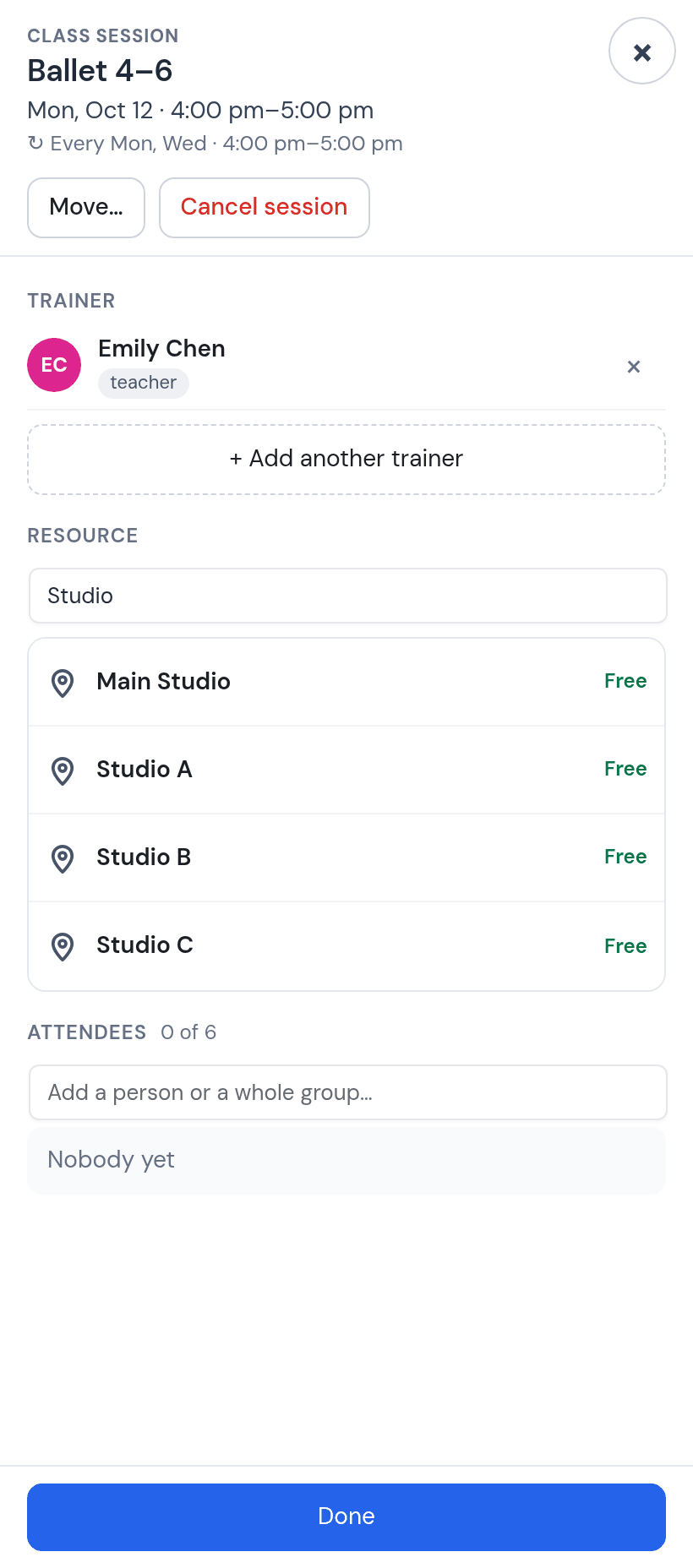 The class panel with the studio search: Studio A free on Monday at 4 pm, held for the class
