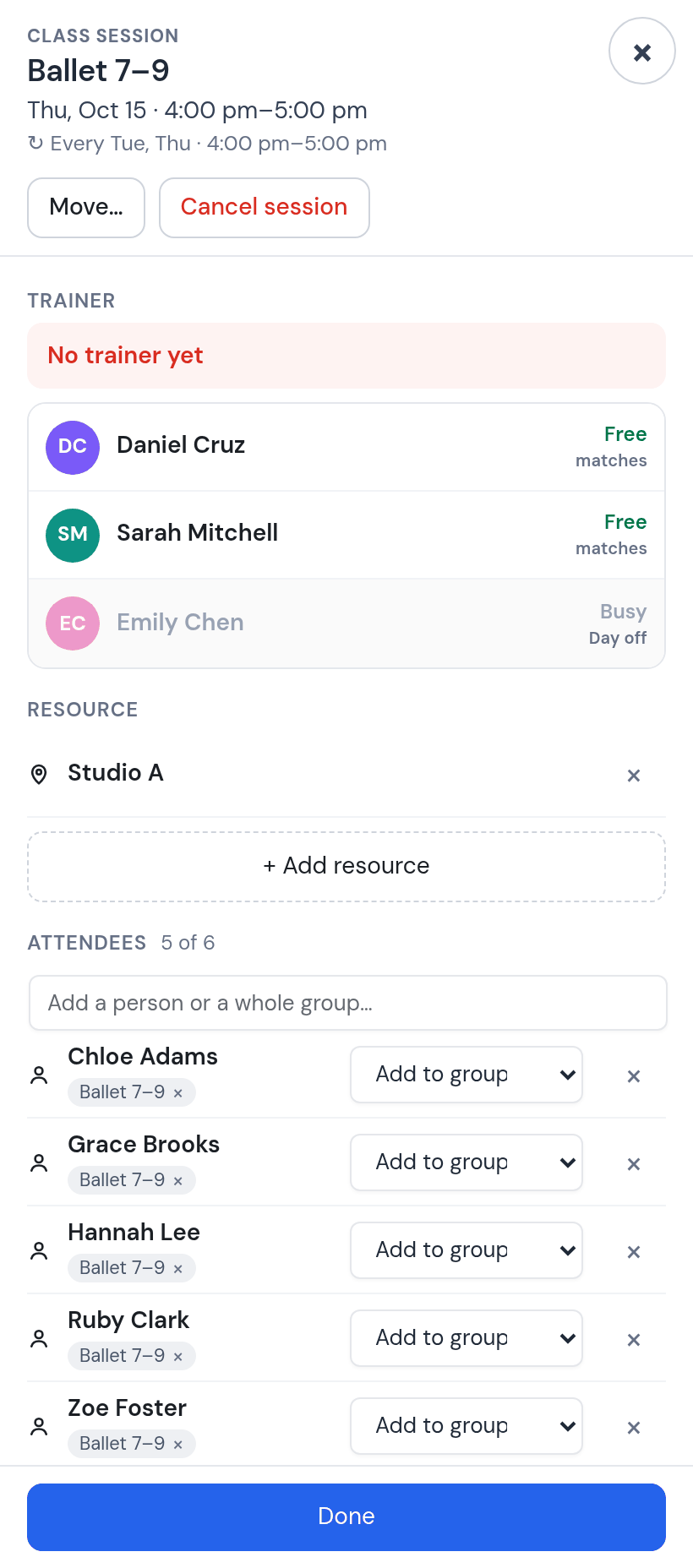 The teacher list on Thursday’s class: Emily busy, day off; Sarah free