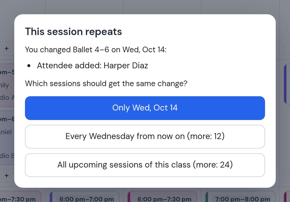 The question after adding a child: this session only, or all upcoming sessions