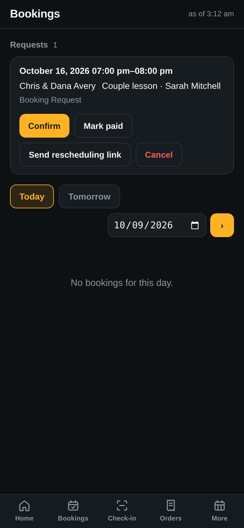 A couple’s lesson request on the owner’s phone, with Confirm