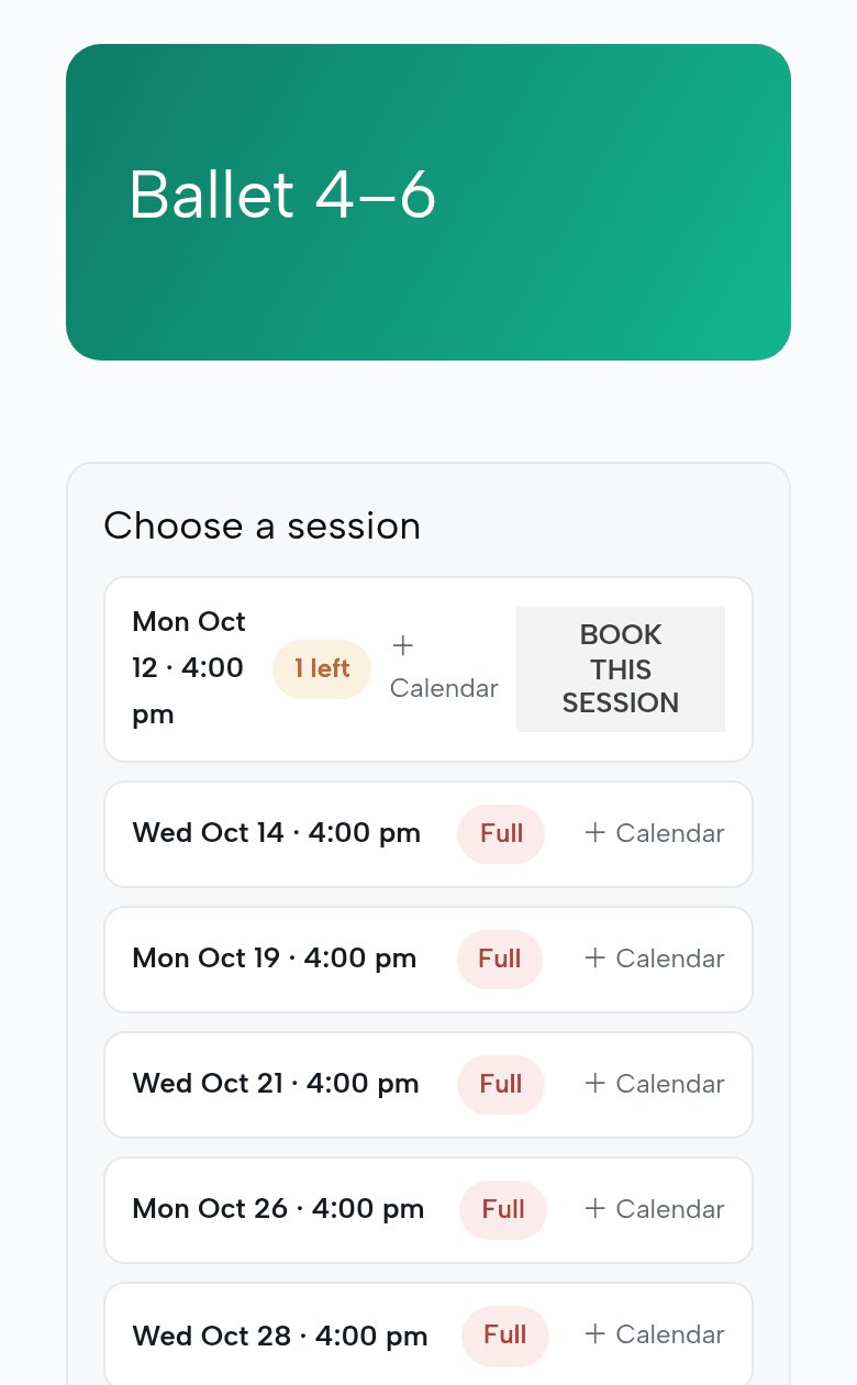 The Ballet 4–6 class page on a parent’s phone: the places left class by class, then Full