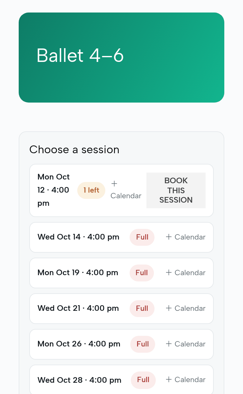 The class page on a parent’s phone: places left on Monday, Full from Wednesday