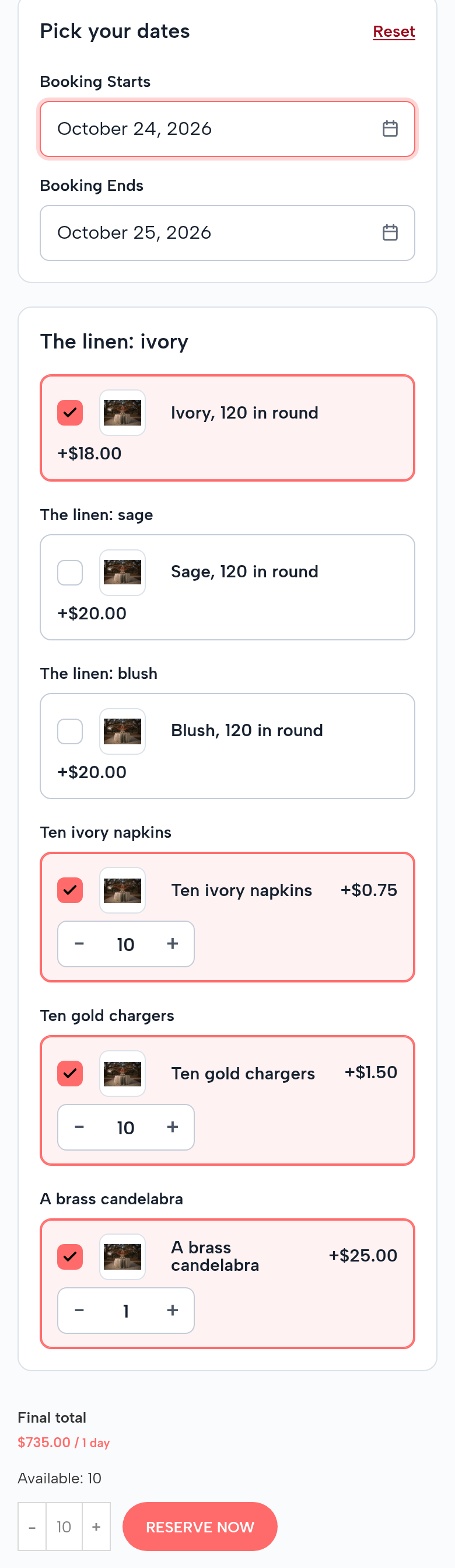 The Tablescape, per table on a phone: October 24, 2026; The linen: ivory, 120 in round, ticked, sage and blush not; ten ivory napkins (10 a table); ten gold chargers; a brass candelabra; final total $735.00 for 10 tables; Available: 10
