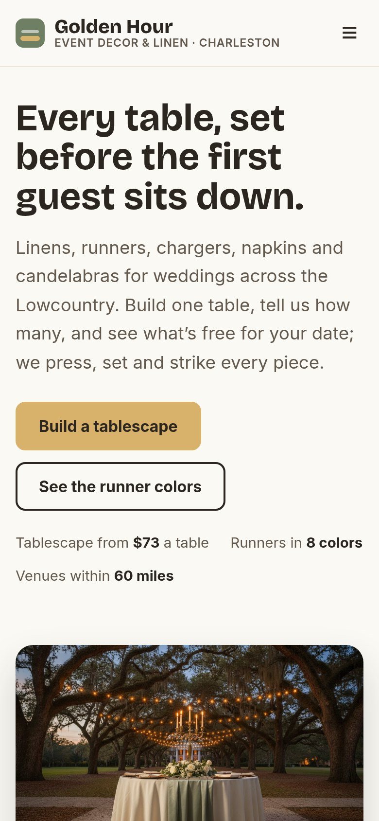 The Golden Hour Event Decor & Linen website on a phone: Every table, set before the first guest sits down.
