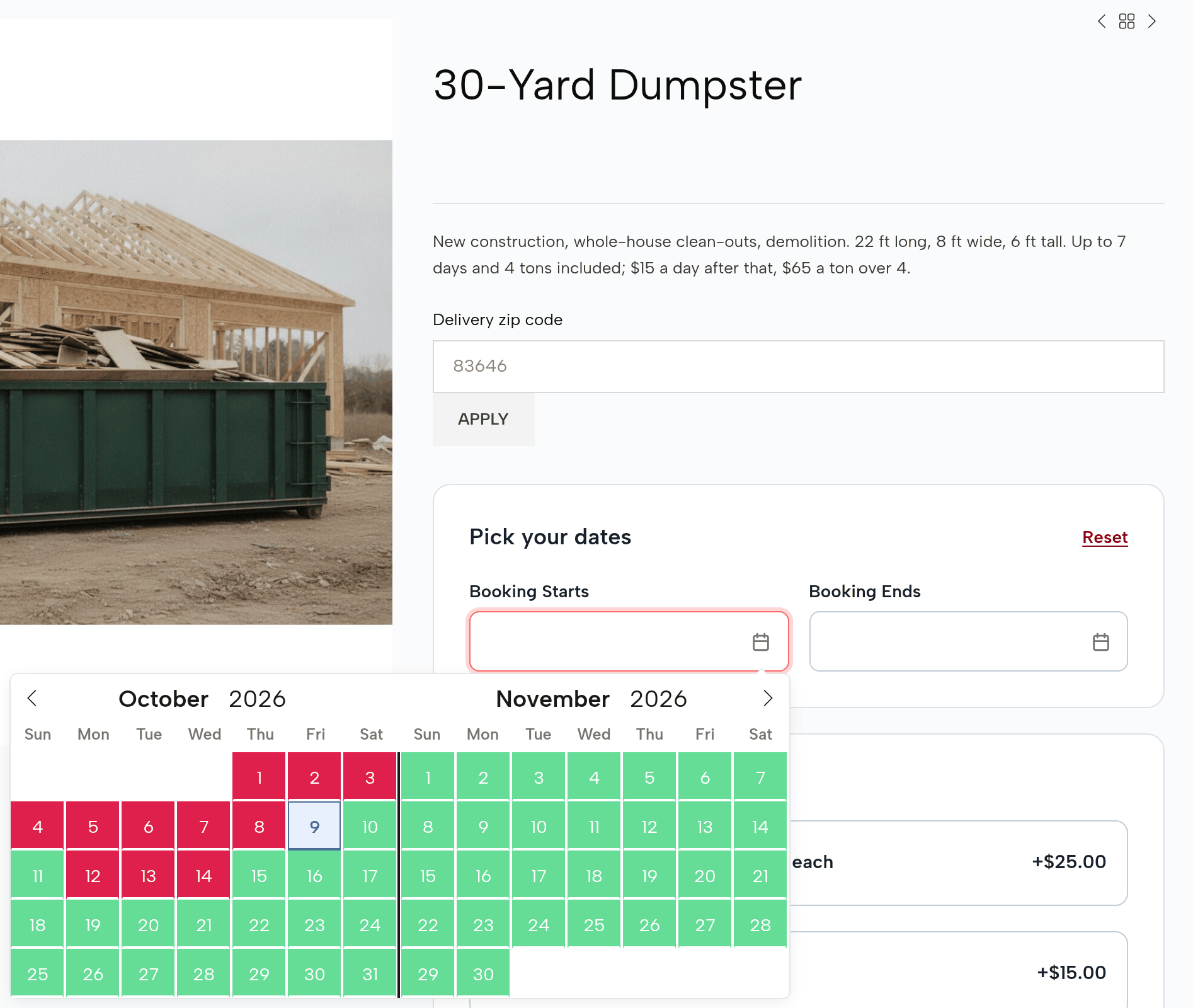 The 30-Yard Dumpster page with the October calendar open: October 12, 13 and 14 in red because all three 30-yard cans are out, the other days in green