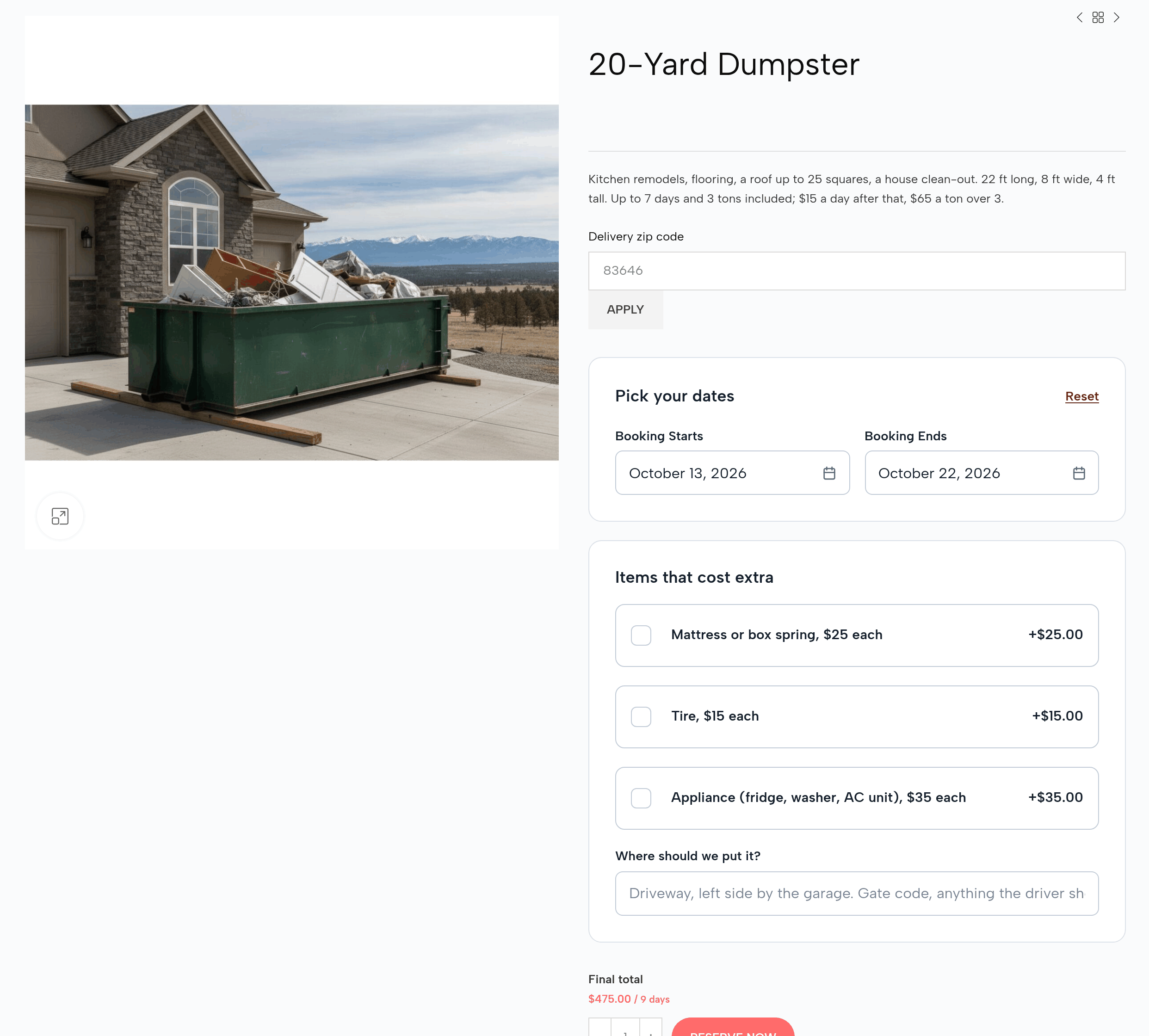 The 20-Yard Dumpster page: up to 7 days and 3 tons included, $15 a day after that, $65 a ton over 3; October 13 to 22 picked