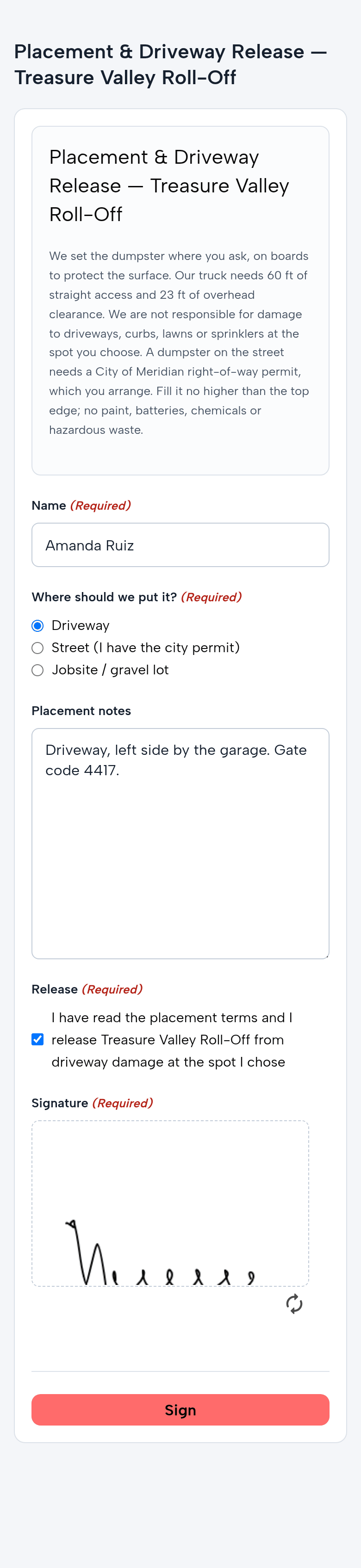 The Placement and Driveway Release form on Amanda Ruiz’s phone: the placement terms, the name, Driveway picked, the note with the gate code, the release ticked and the signature