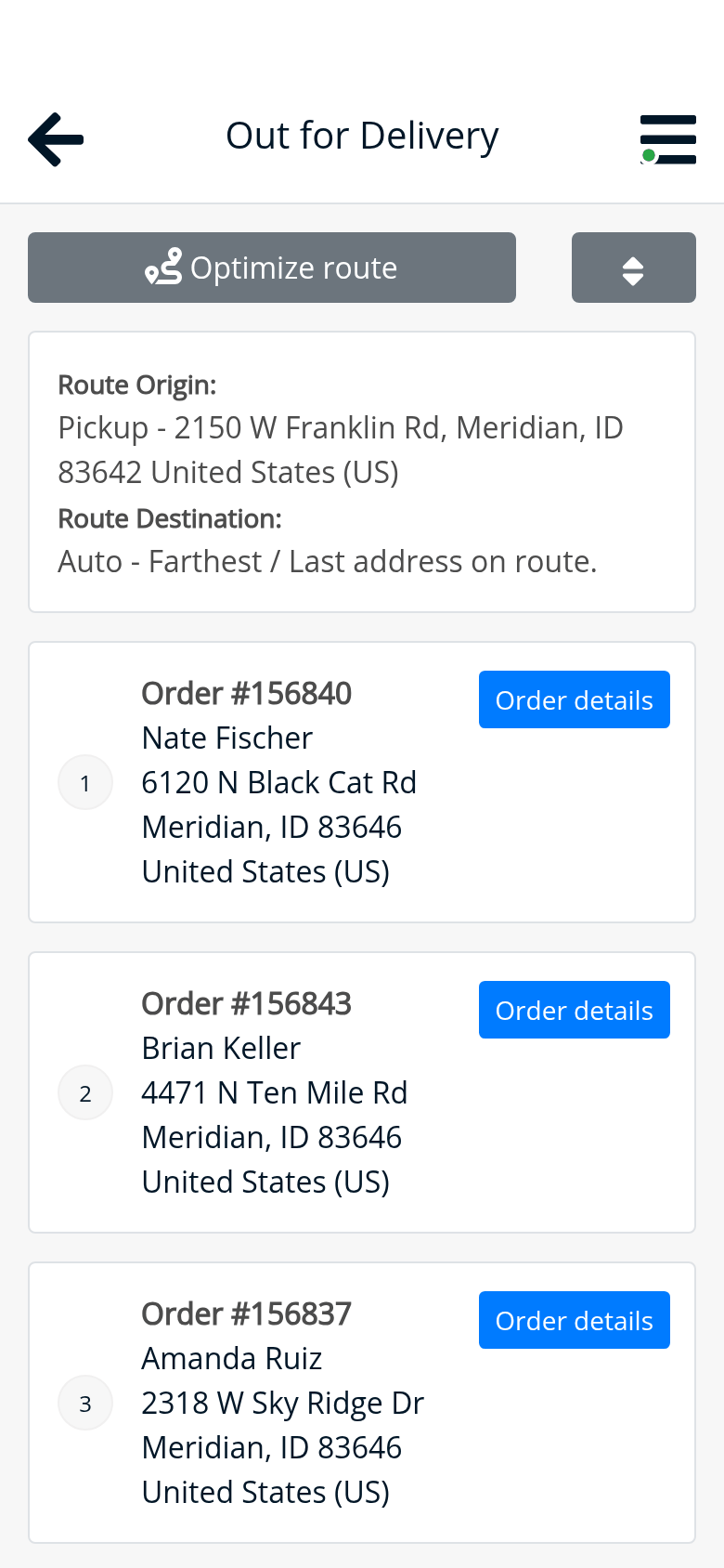The driver app, Out for Delivery: the route from the yard at 2150 W Franklin Rd to Brian Keller, Amanda Ruiz and Nate Fischer