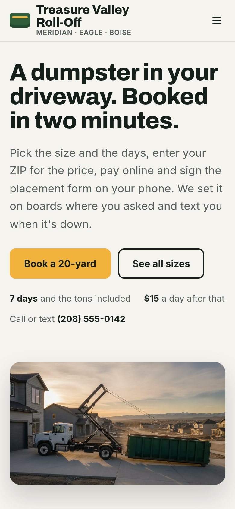 The Treasure Valley Roll-Off website on a phone: A dumpster in your driveway. Booked in two minutes.
