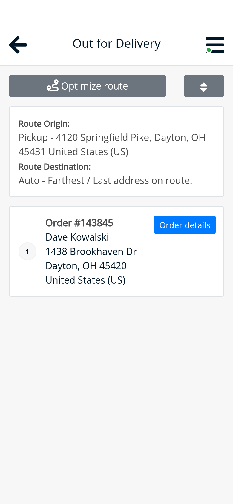 The driver app, Tony: Tuesday’s delivery, from the yard at 4120 Springfield Pike to Kowalski Builders, 1438 Brookhaven Dr
