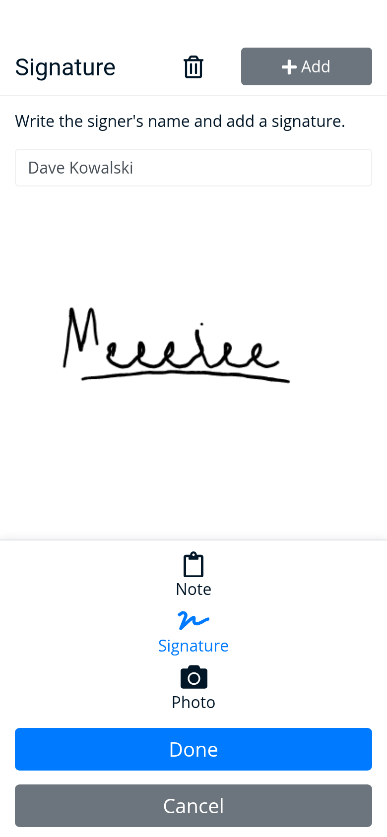 The delivery confirmed in the driver app: Dave Kowalski’s name and his signature